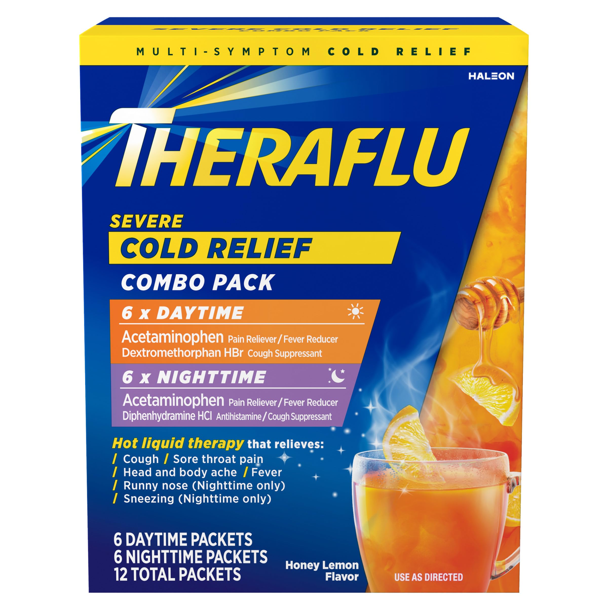 Theraflu Day and Night Pack, Severe Cold Relief, Honey Lemon, 12 Packets