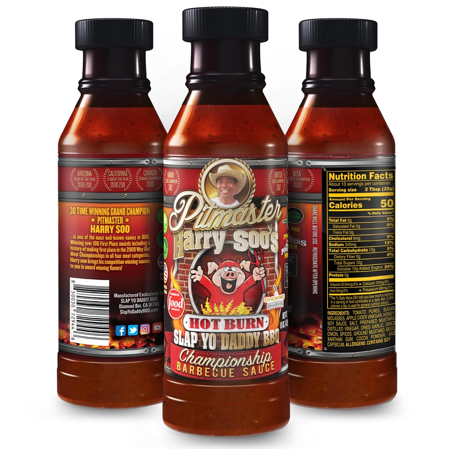 Slap Yo Daddy BBQ Sauce, Hot Burn - Award-Winning Spicy BBQ Sauce from Pitmaster Harry Soo - Intensely Spiced with a Tangy Kick - No MSG, Gluten-Free - 15 oz