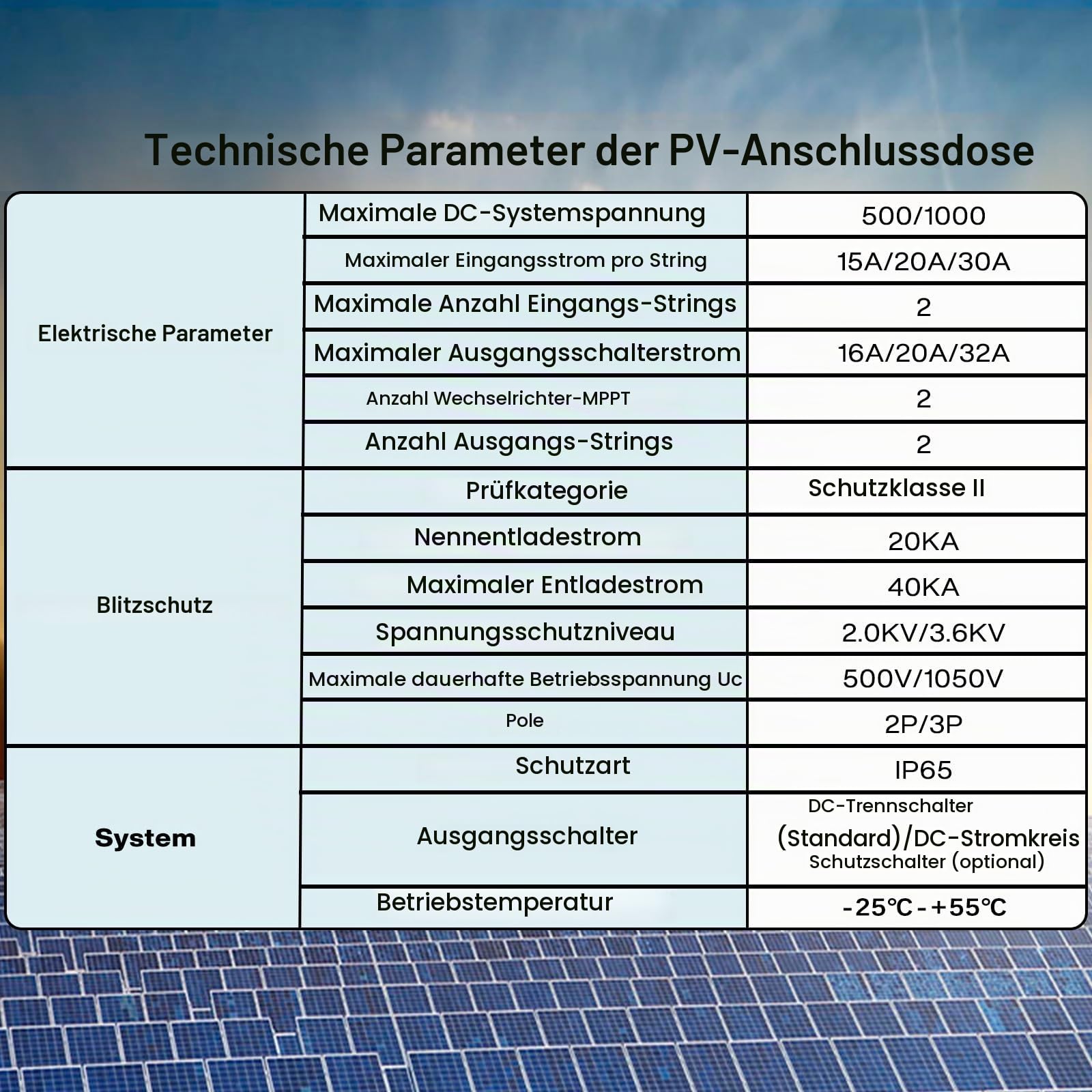 Generatoranschlusskasten PV 1000V 32A, Überspannungsschutz Solar 2 Strings