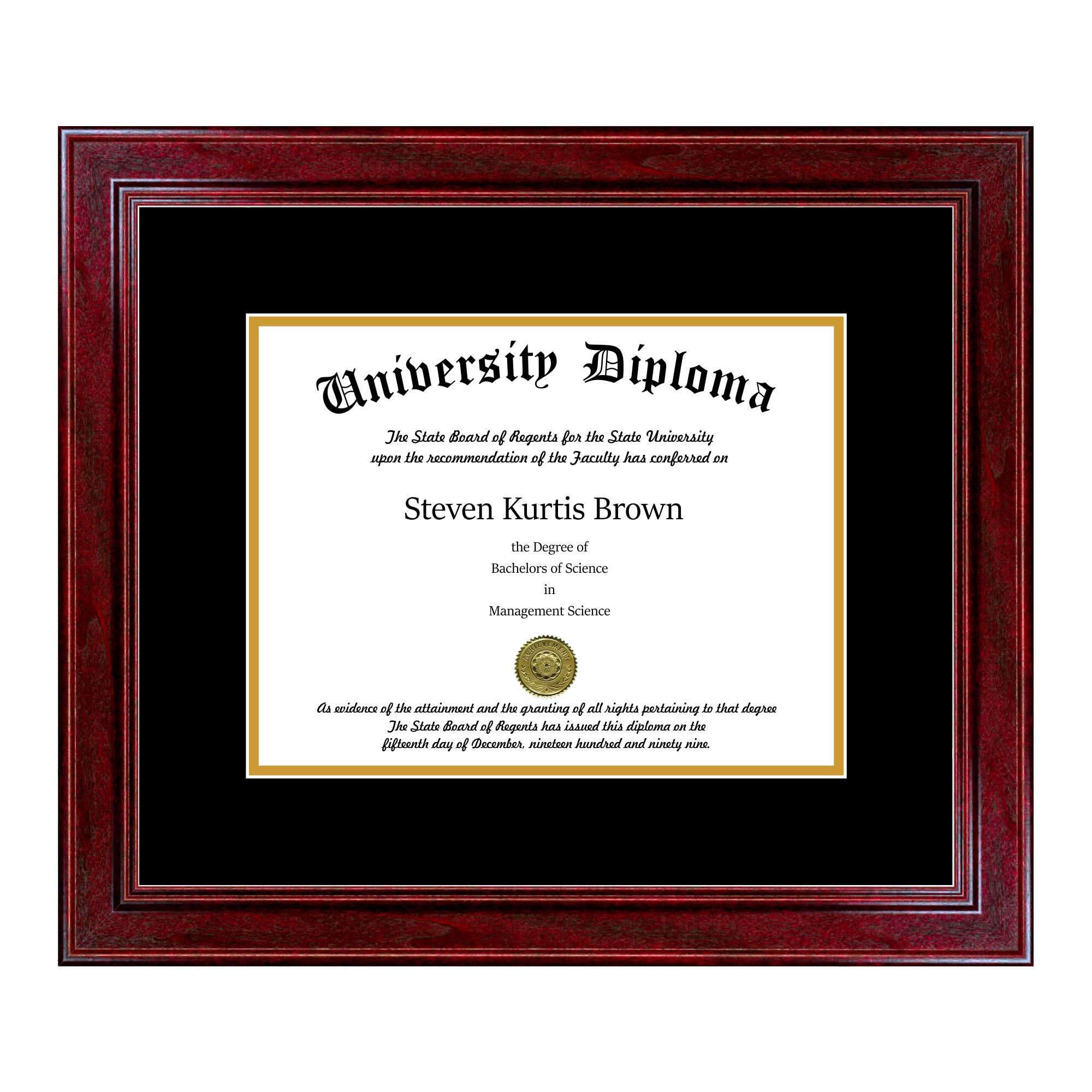 Single Diploma Frame with Double Matting for 8.5" x 11" Tall Diploma with Cherry 1.5" Frame