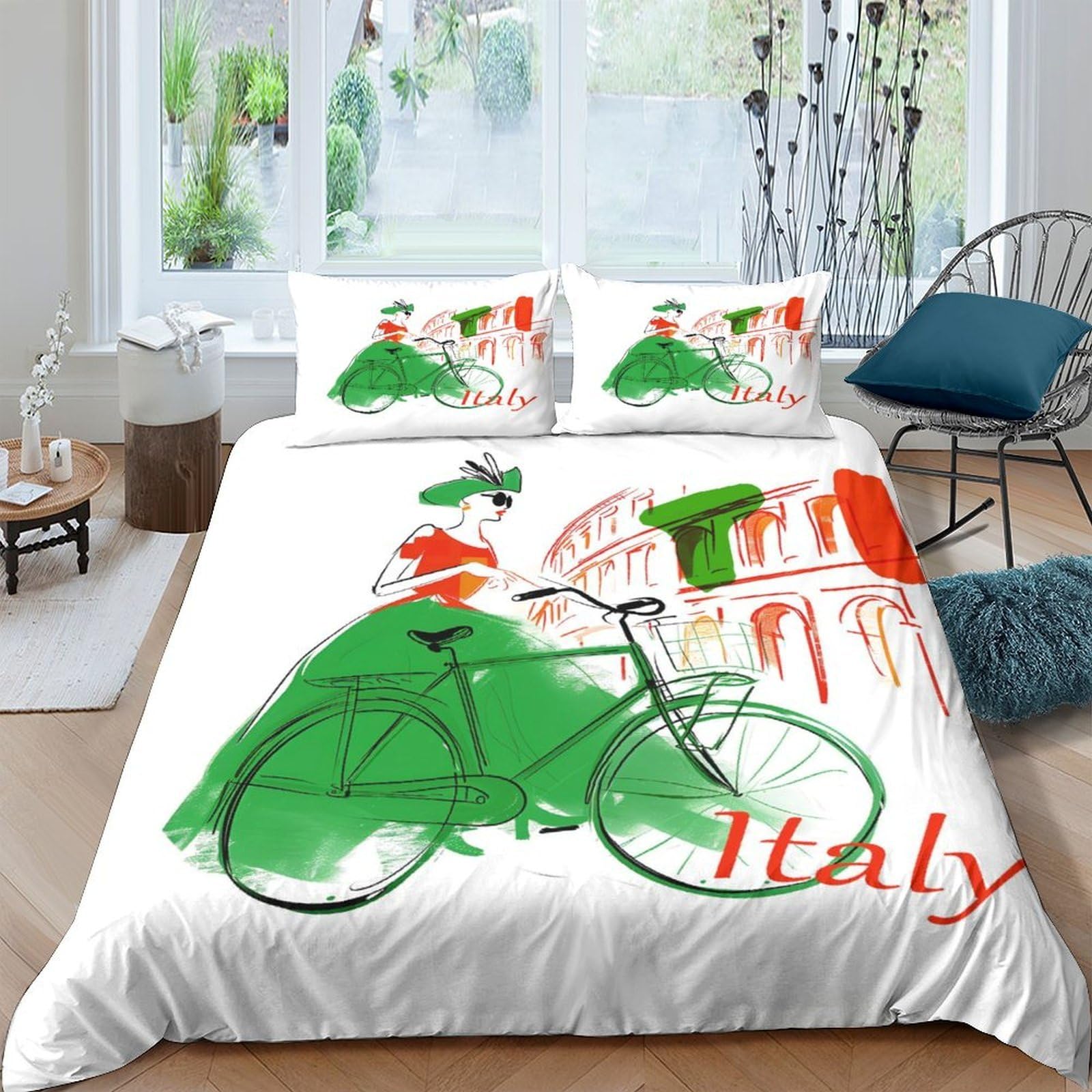 Ctjqhvkz Style-7 3D Printed Italy Landmark Fitted Sheet Microfiber Green Bicycle Bed Cover For Bedroom Guest Room Decor Easy Care Single（135X200cm）