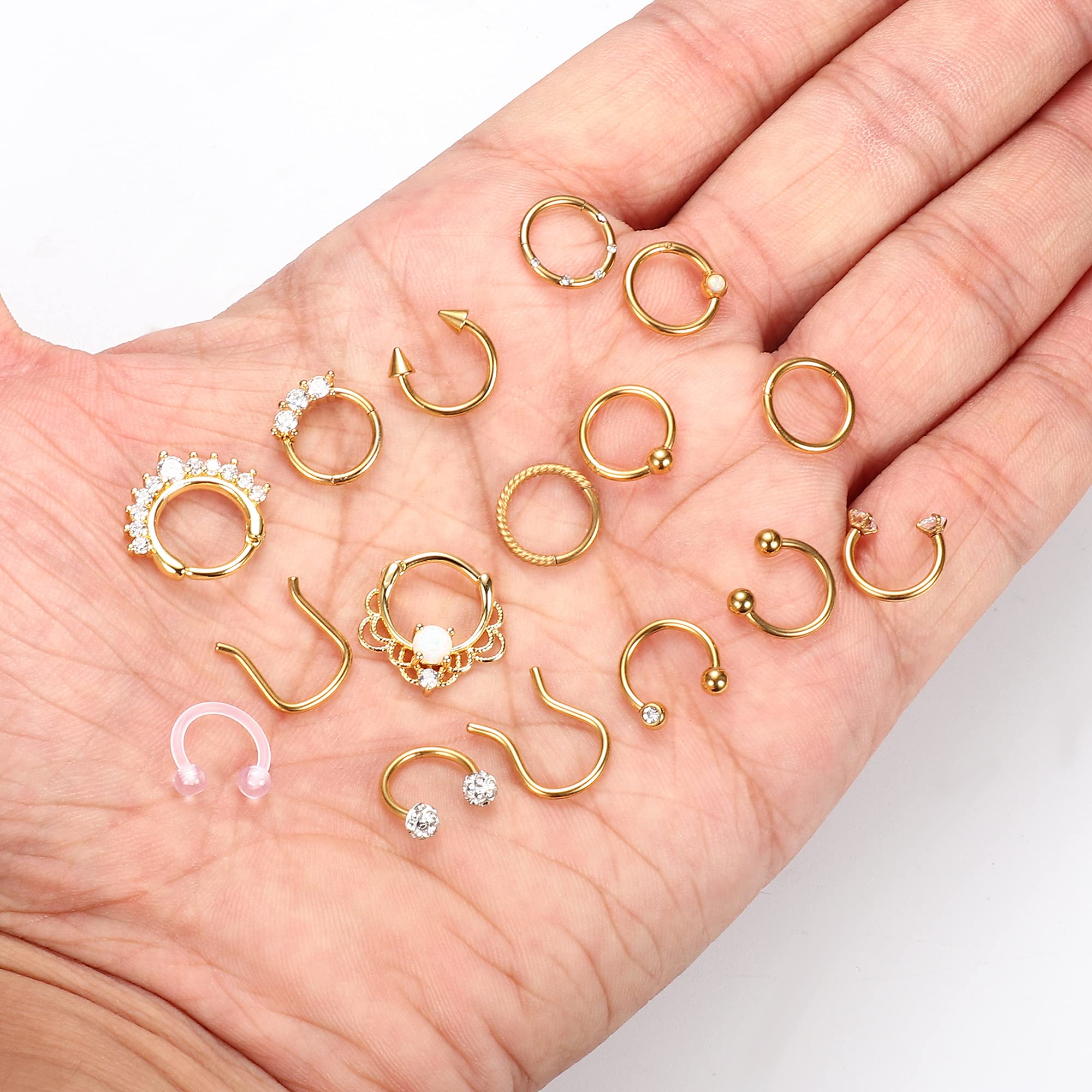 Drperfect 16pcs 16g Septum Ring Hoop Nose Piercing Jewelry Hinged