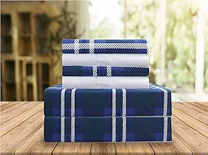 Elegant Comfort Luxury Soft Bed Sheets Plaid Pattern - 1500 Premium Hotel Quality Microfiber Softness Wrinkle and Fade Resistant (6-Piece) Bedding Set, King, Navy Blue