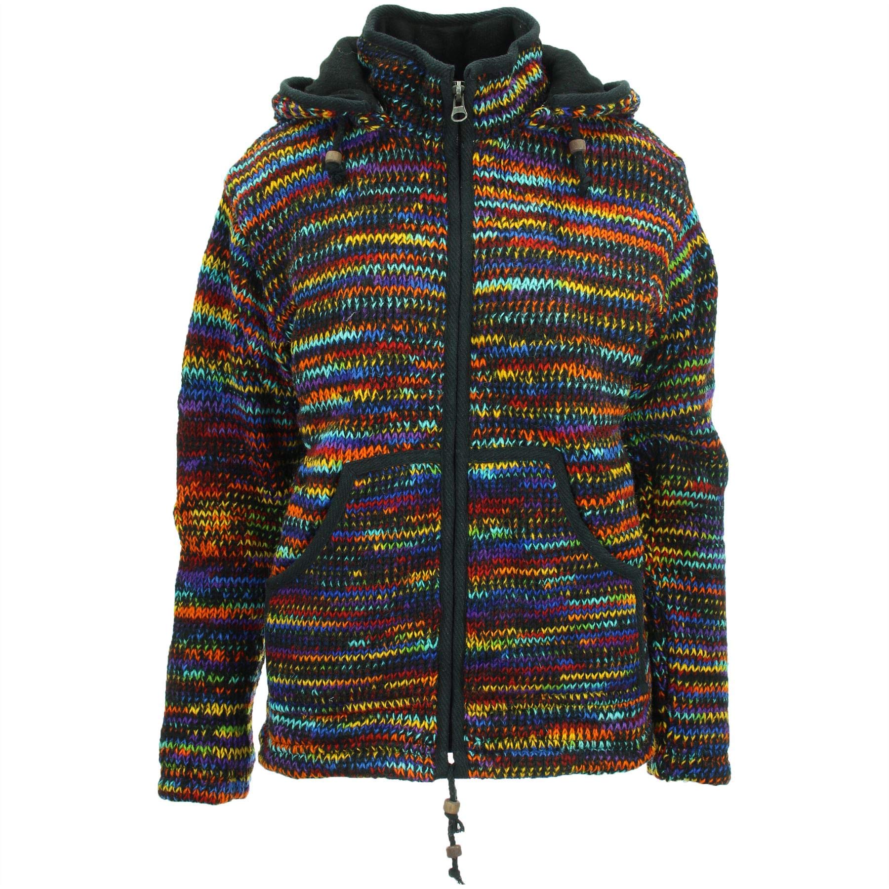 Loud Jumpers Black & Rainbow Space Dye Chunky Wool Knit Hooded Cardigan Zip Up Jacket - XL