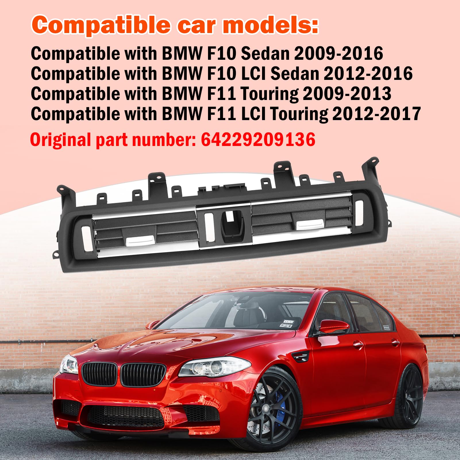 TTCR-II Compatible con Rejilla Ventilacion BMW Serie 5 F10 F11 2010-2016 | F10 Rejilla de Aire Delantera, F11 Rejillas de Aire Acondicionado 520 523 525 528 530 535 550 Ventilación 64229209136-Cromado