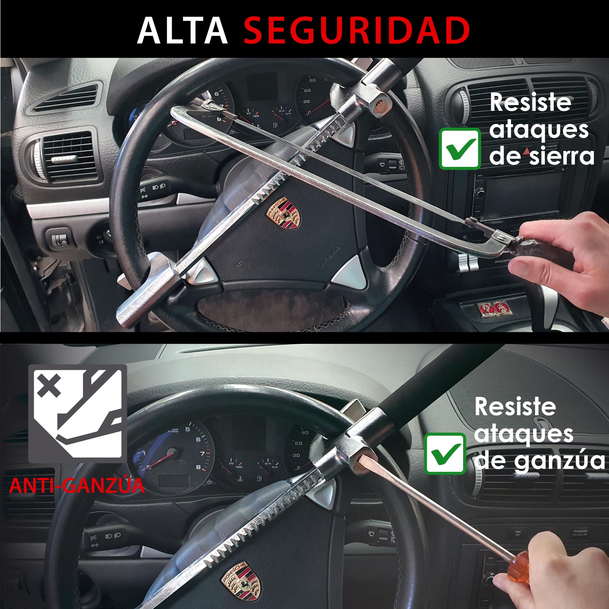 KRASER WA839B Antirrobo Coche, Alta Seguridad, Barra Volante Reforzada, Muy Visible y Disuasorio, Bloqueo Más Ajustable, Martillo Emergencia, Cepo Coche Universal SUV Furgoneta Autocaravana