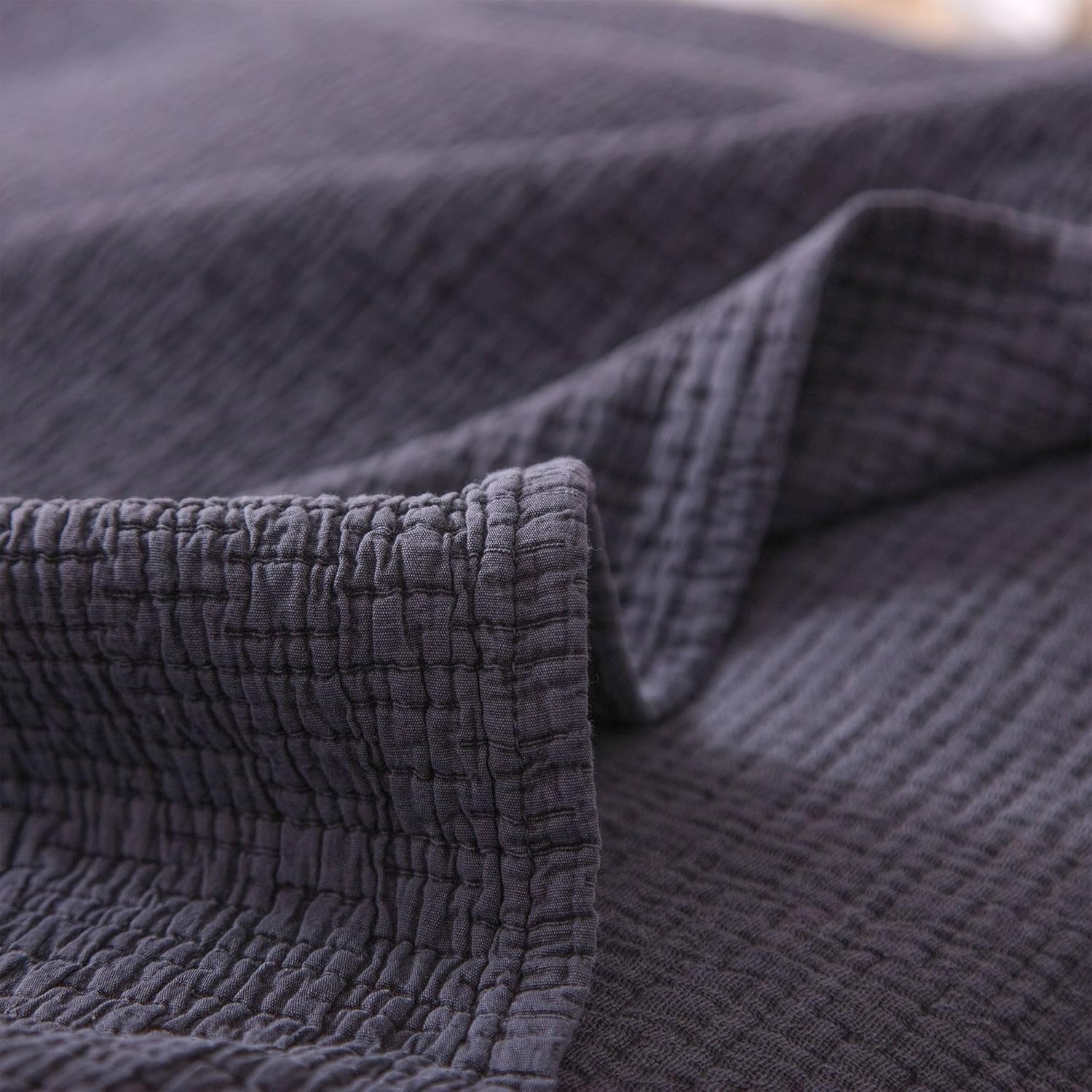 BOV Muslin Blankets for Adults – Soft-Aging Stonewashed Cotton Blanket and Pillow Cover Set, Timeworn Texture Lightweight King Size Blankets for Bed Couch Sofa, Dark Gray 102″X102″