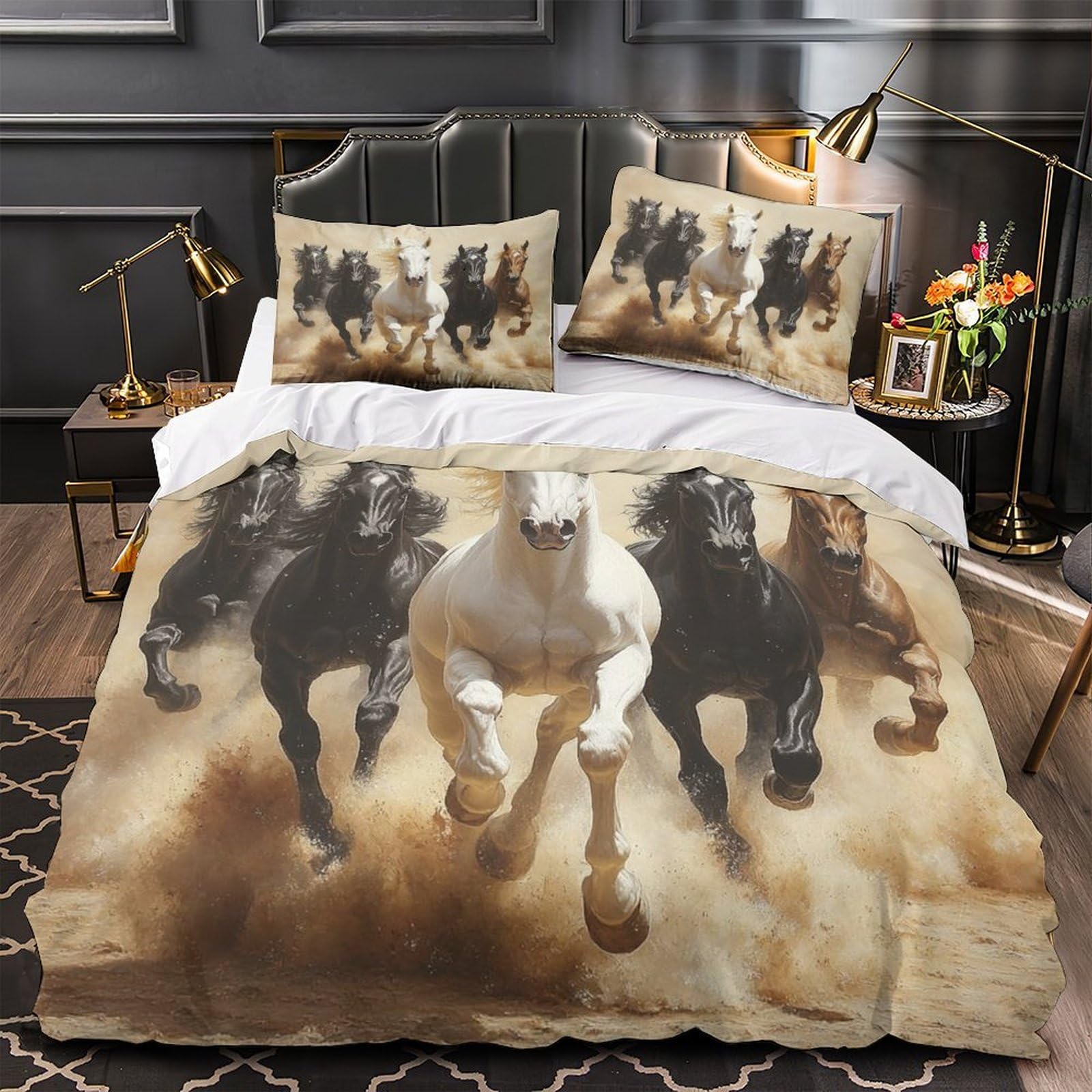 Housse de couette chevaux microfibre super douce et hypoallergénique king