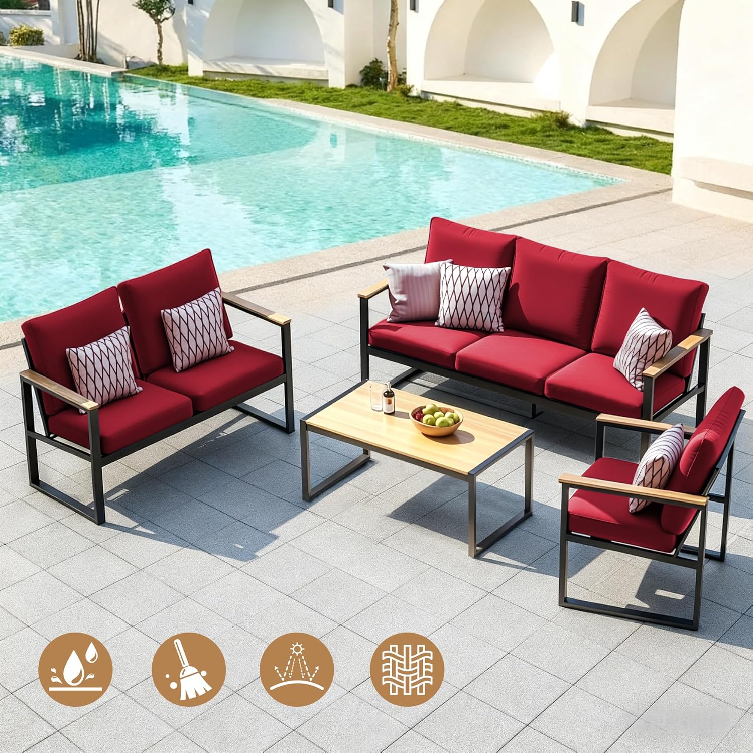 HERMOCE Deep Seat Cushion Set, Waterproof Patio Furniture Cushions, 22 x 22 Inch, Outdoor Couch Cushions with Back Cushion and Adjustable Straps for Chair Sofa Couch (1 Red, 22 × 22 Inch)