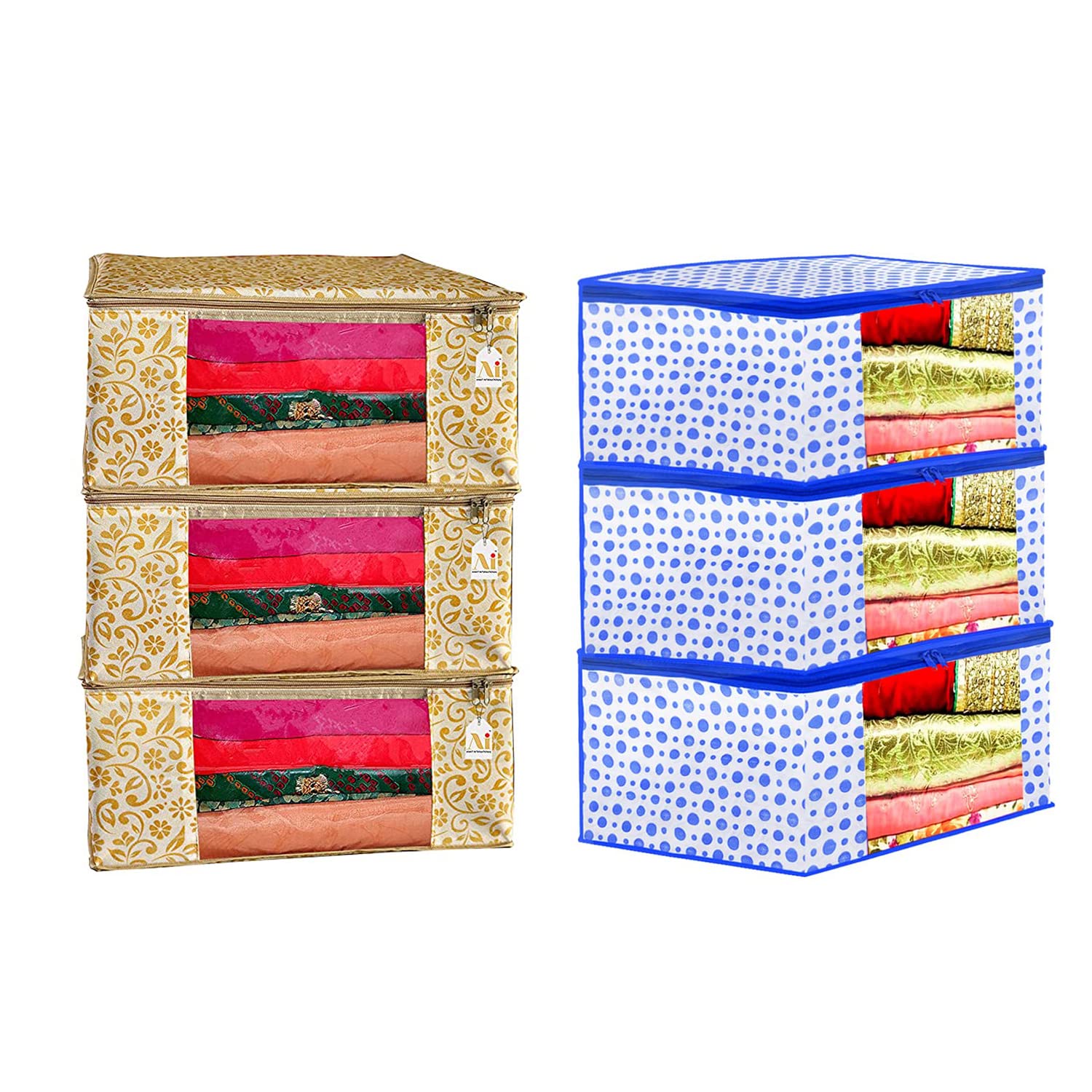 ANKIT INTERNATIONAL Set of 6 Saree cover storage bag/Clothes Storage Bag with Dust Protection Front Clear window & Zip Closure