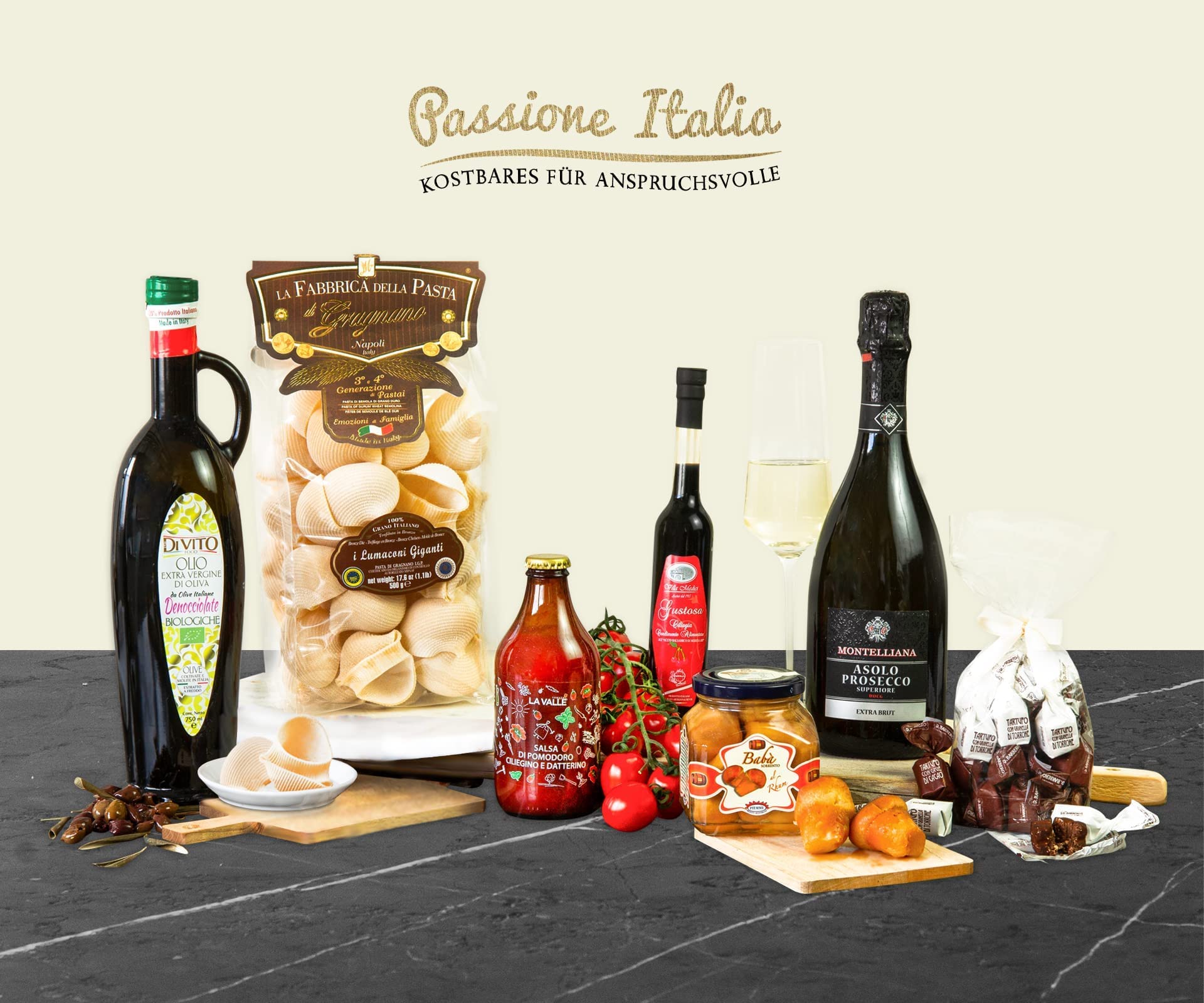 Feinkost Geschenkkorb IL MEGLIO D'ITALIA mit ausgesuchten italienischen Spezialitäten Prosecco/Olivenöl/Pasta/Dessert