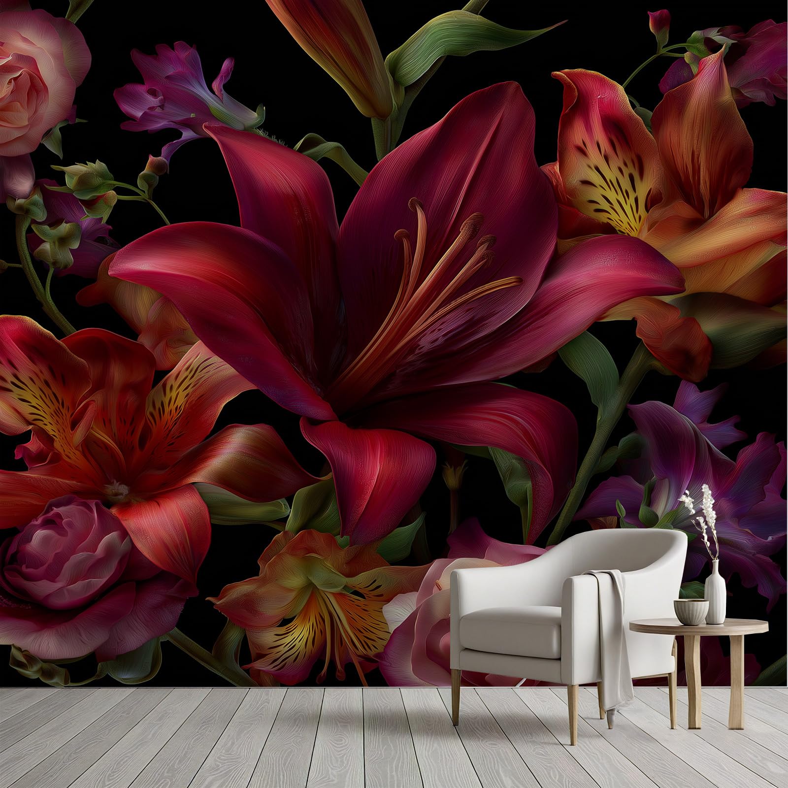 Papier peint motif floral lys rose pour rénover un mur de salon