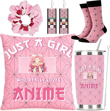 Kawaii Anime Gifts for Girls Includes 20oz Tumbler, Pillow Cover, Earrings, Scrunchies, Socks, Just A Girl Who Really Loves Anime, Birthday Gifts for Women Girls Friends Sister