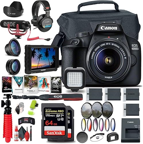 Canon EOS Rebel T100 / 4000D Cámara DSLR con lente de 0.709-2.165 in + monitor 4K + micrófono + auriculares + 2 tarjetas de 64 GB + kit de filtro +