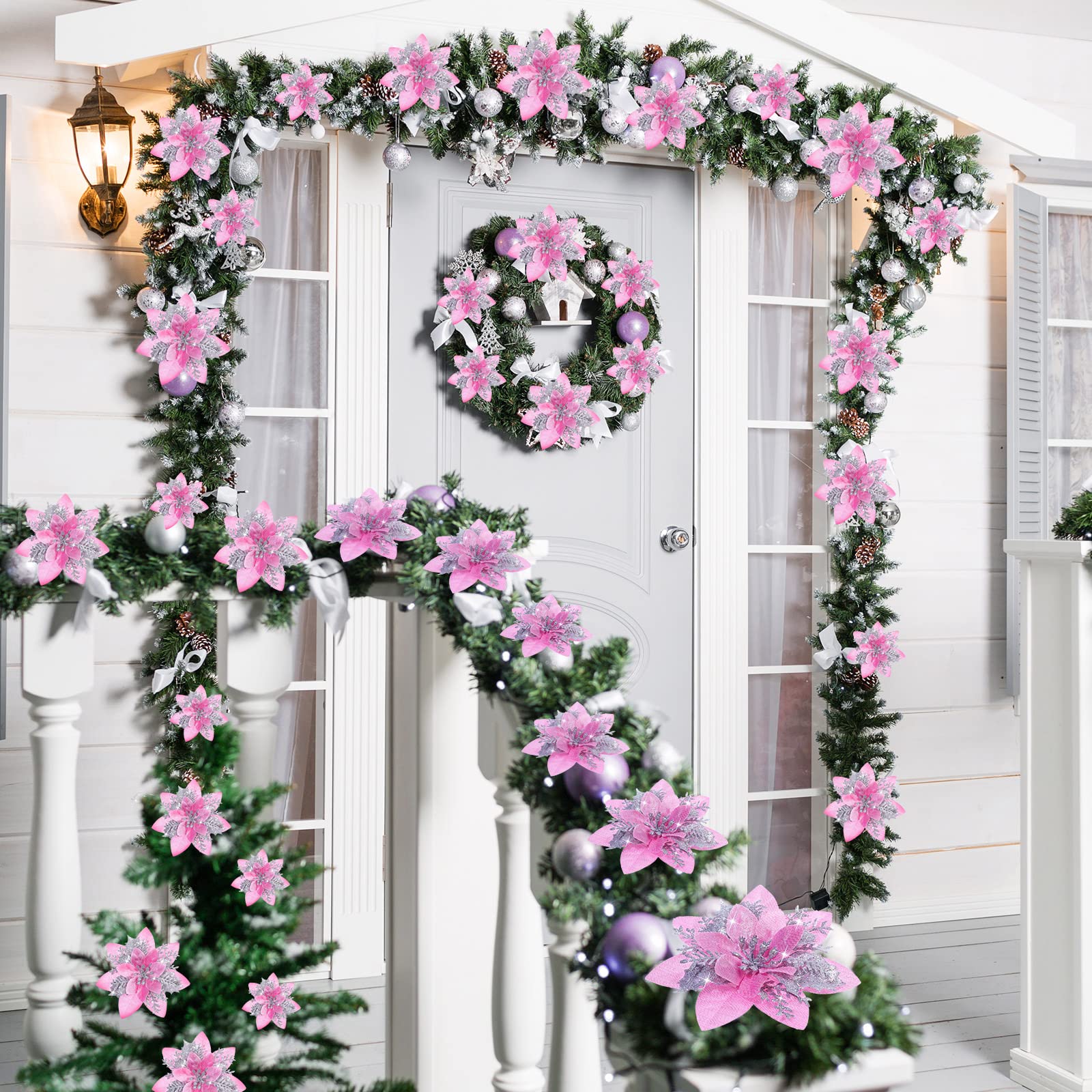 Chunyin 24 Pezzi 3 Dimensioni Fiori di Poinsettia di Natale Fiori Artificiali di Magnolia per Albero di Natale Fiori Finti Glitterati Natalizi con Clip Decorazioni per Festa Capodanno (Blu Verde