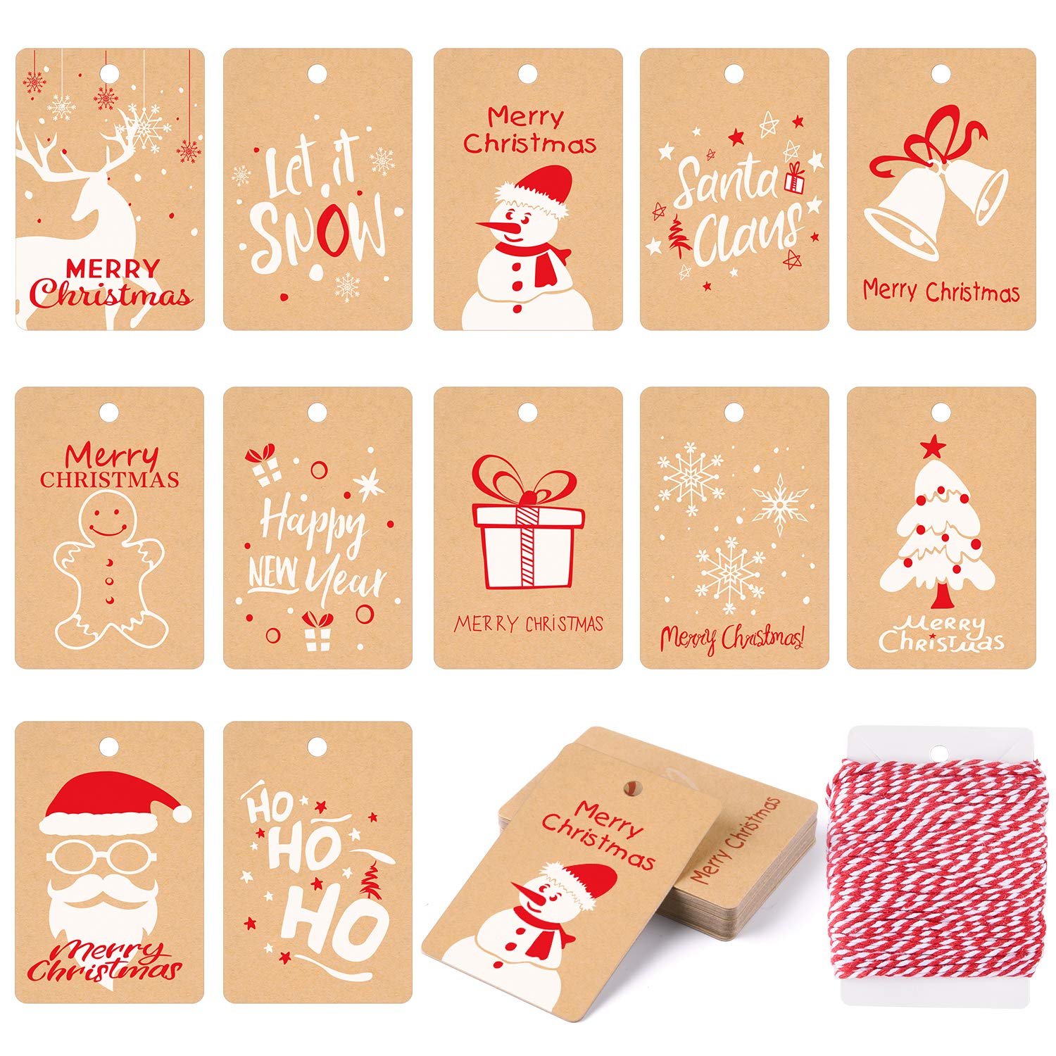 120 étiquettes Cadeaux De Noël En Papier Kraft - 12 Modèles Différents Avec Corde Suspendue - Pour Emballage, Scrapbooking, Cartes Messages