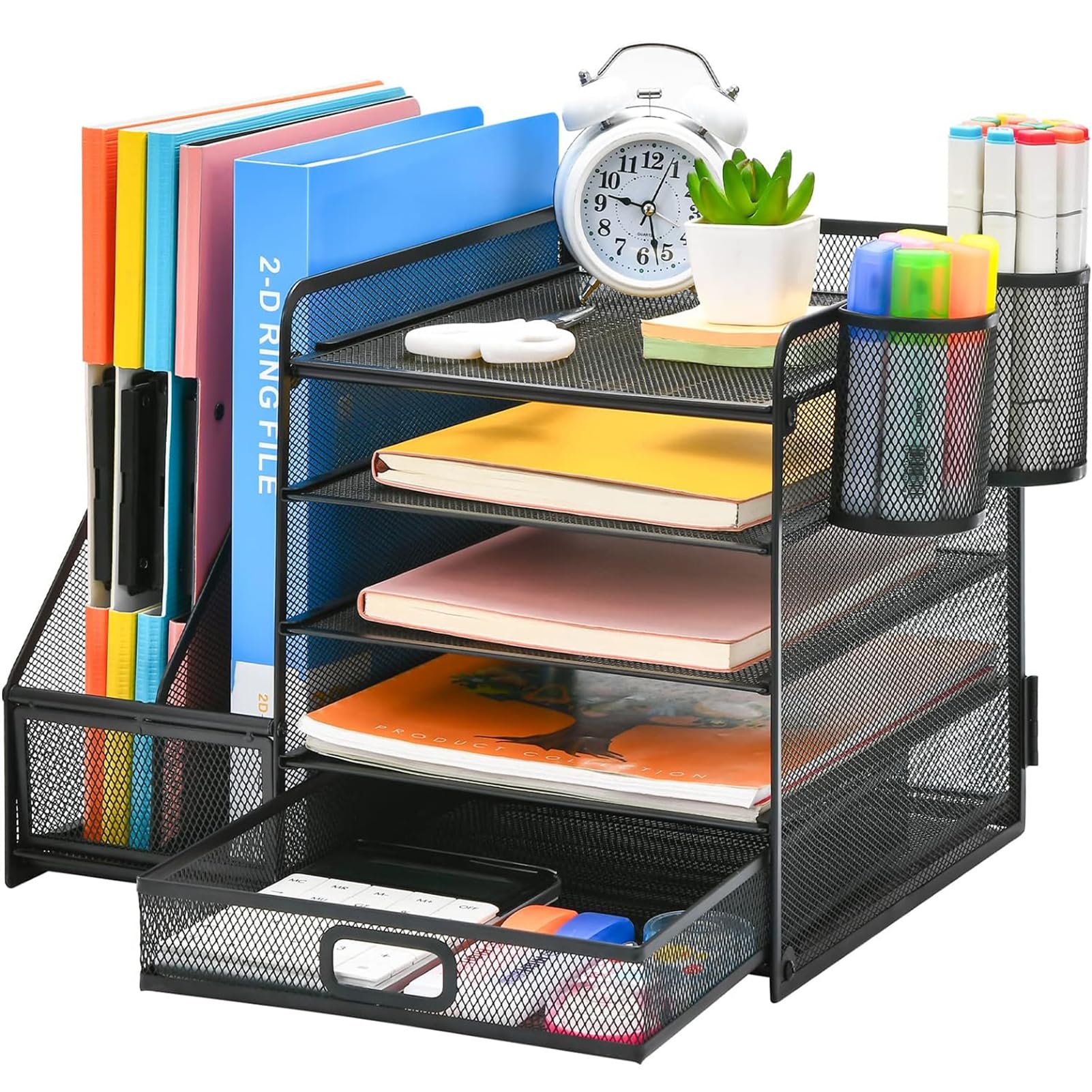 ANTOLE Desk Organizer with File Holder,5-Tier Mesh Paper Letter Tray Organizer with Drawer and Pen Holder,Desktop File Organizer and Storage Office Organization for Home,Office,School