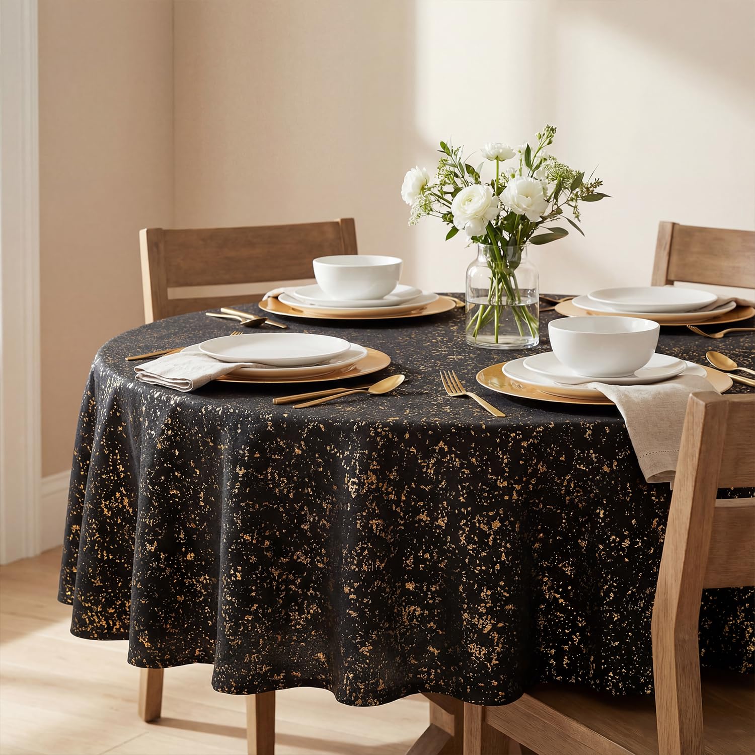 Horaldaily Black Tablecloth with Golden Sequin 60x60 Inch Round | Solid Table Cloth with Golden Sequin, Thanksgiving Christmas Table Cover for Wedding, Party, Banquet, and Events-image-25