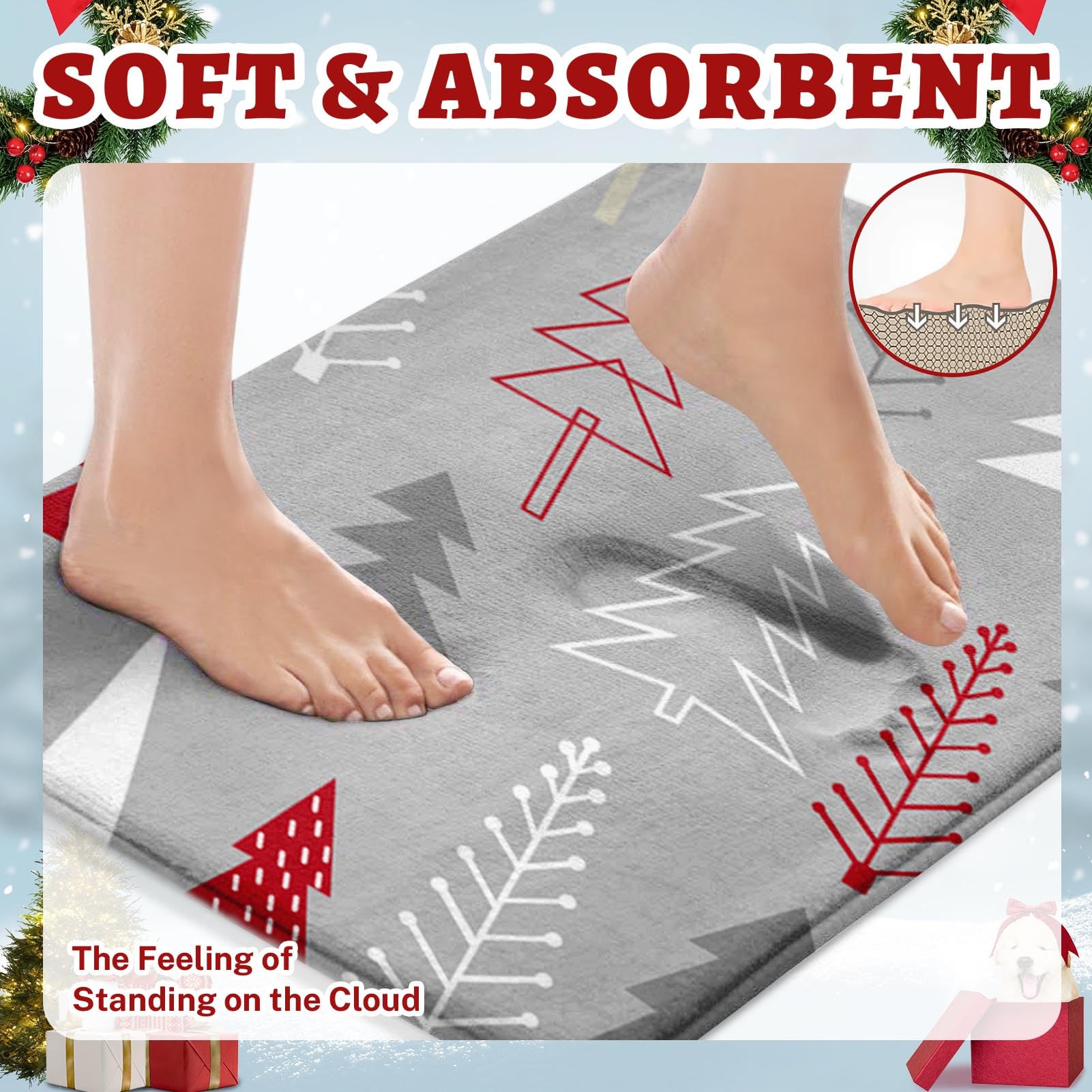 ArtSocket Juego de 3 tapetes de baño de Navidad, antideslizantes, absorbentes de invierno, de espuma viscoelástica, lavables a máquina, con diseño de árbol de Navidad