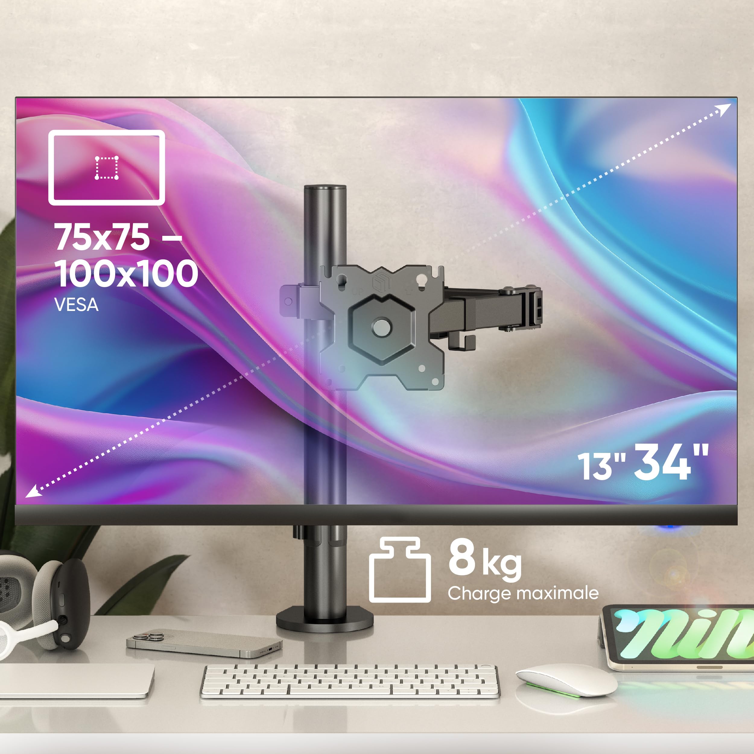 ONKRON Bras Moniteur de 13 à 34 Pouces - Support pour Moniteur de Bureau avec Poids jusqu'à 8 kg - Support écran PC de Bureau Max VESA 100 x 100 / Support écran PC Bureau inclinable D121E-B Noir