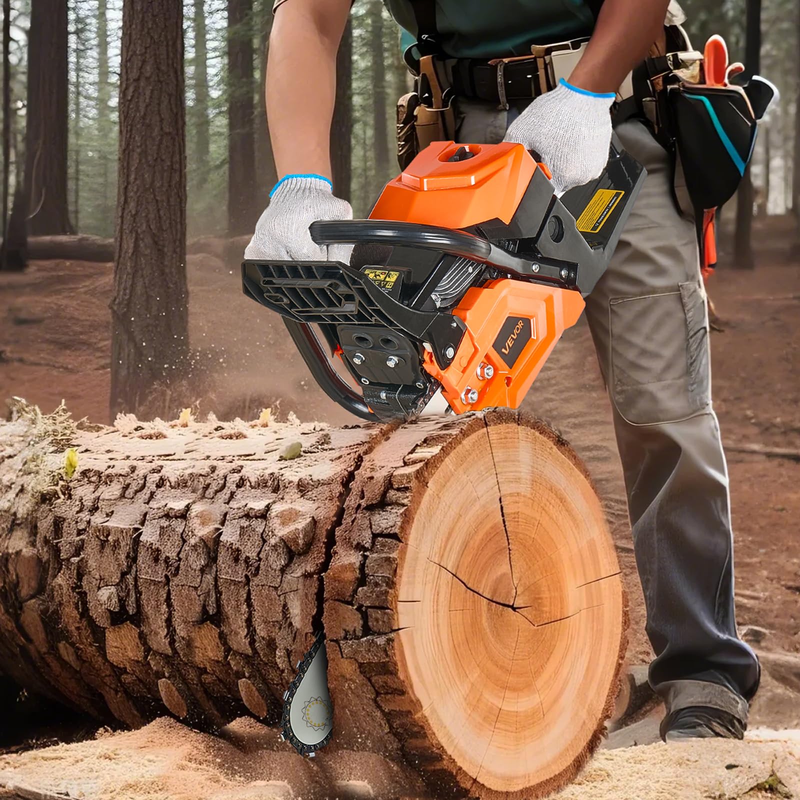 VEVOR Motosierra de Gasolina de 455 mm, Motosierra de Gasolina de 52 cc, 2,4 HP con Mango Antideslizante, Doble Depósito de Combustible, Ideal para Cortar Madera, Podar Árboles y Limpiar Terrenos