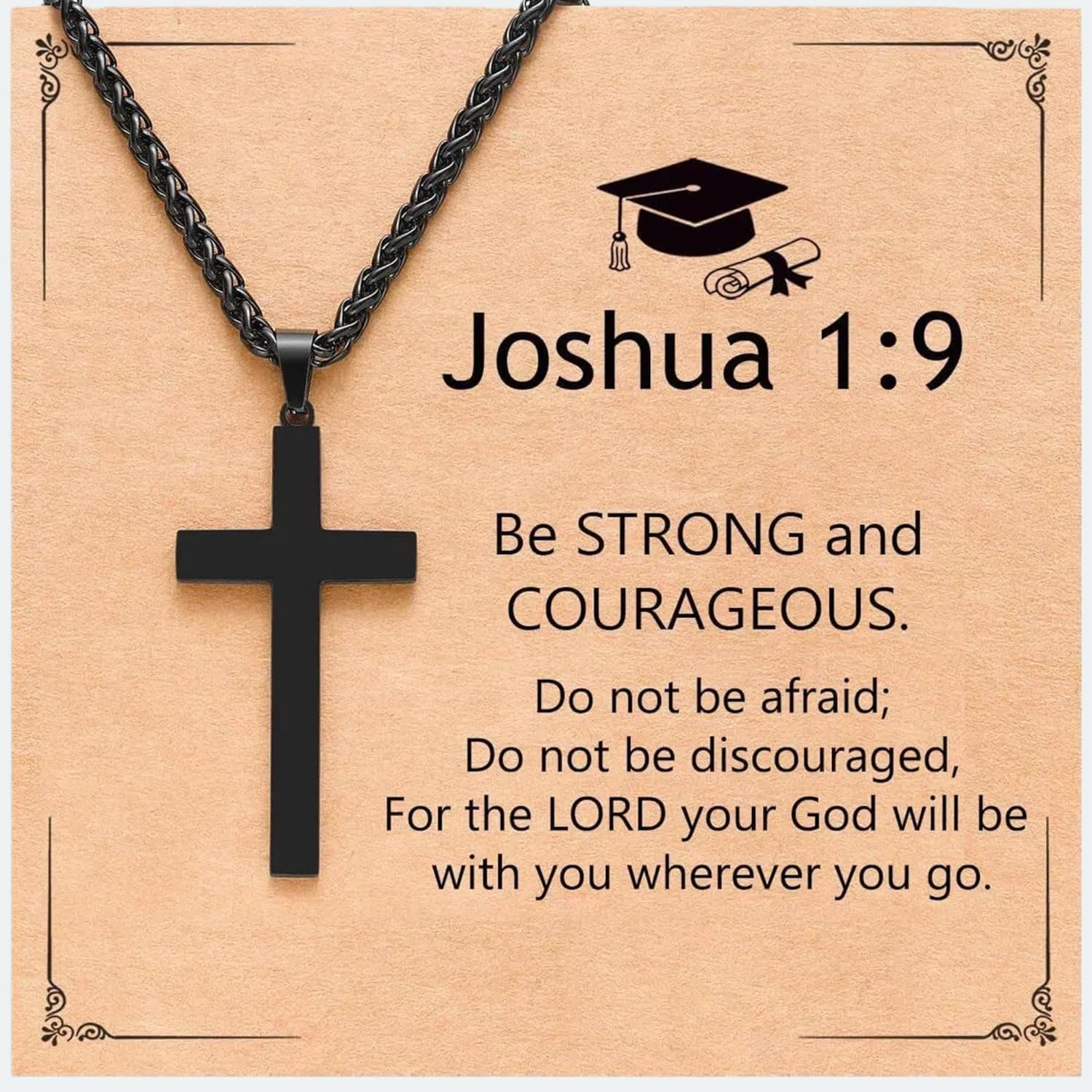 Black Cross Necklace for Men and Woman, Christian Gifts Joshua 1:9 Stainless Steel Chain Necklace 24 Inch