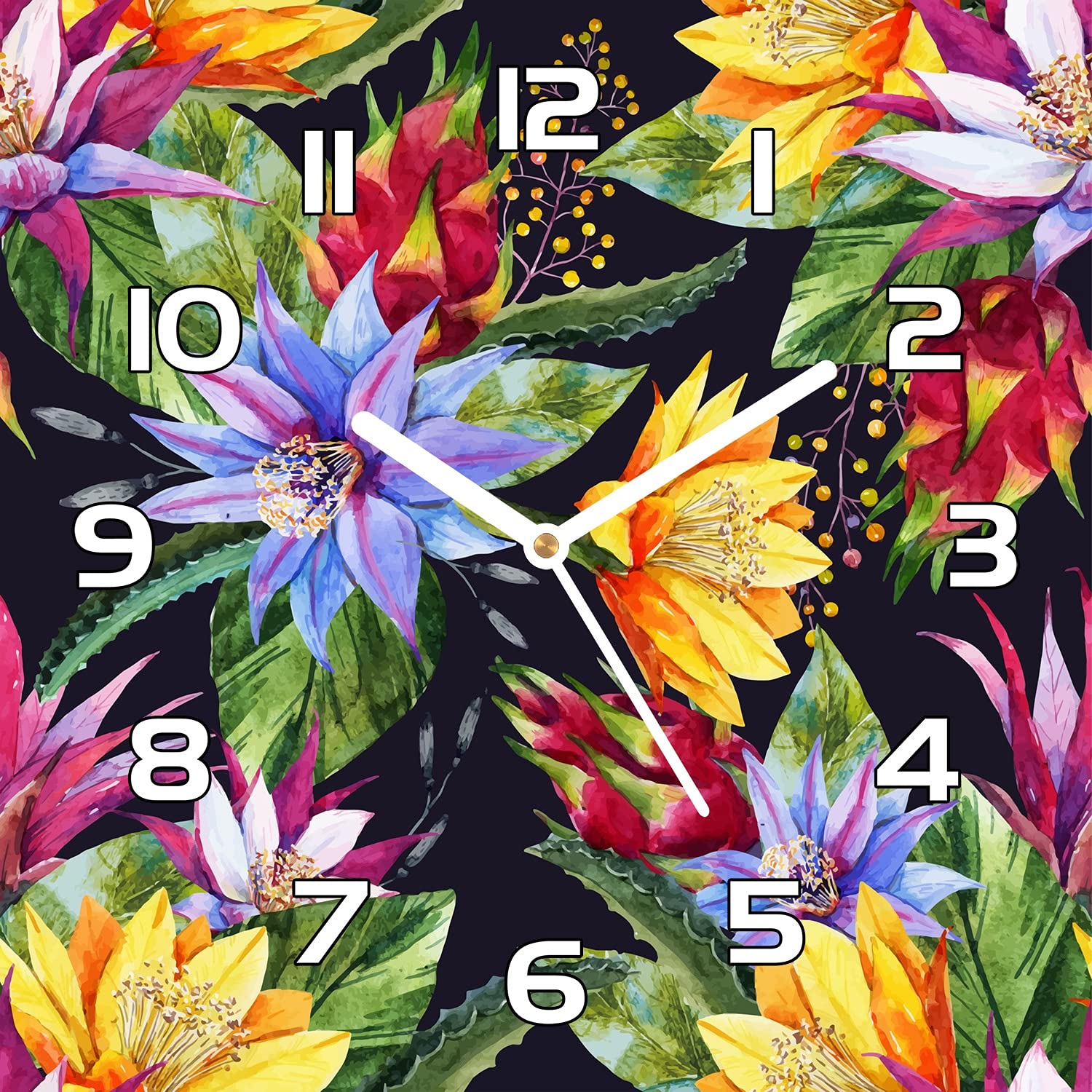 Horloge en verre 30x30 cm Fleurs Tropic - Pendule murale moderne en verre de sécurité