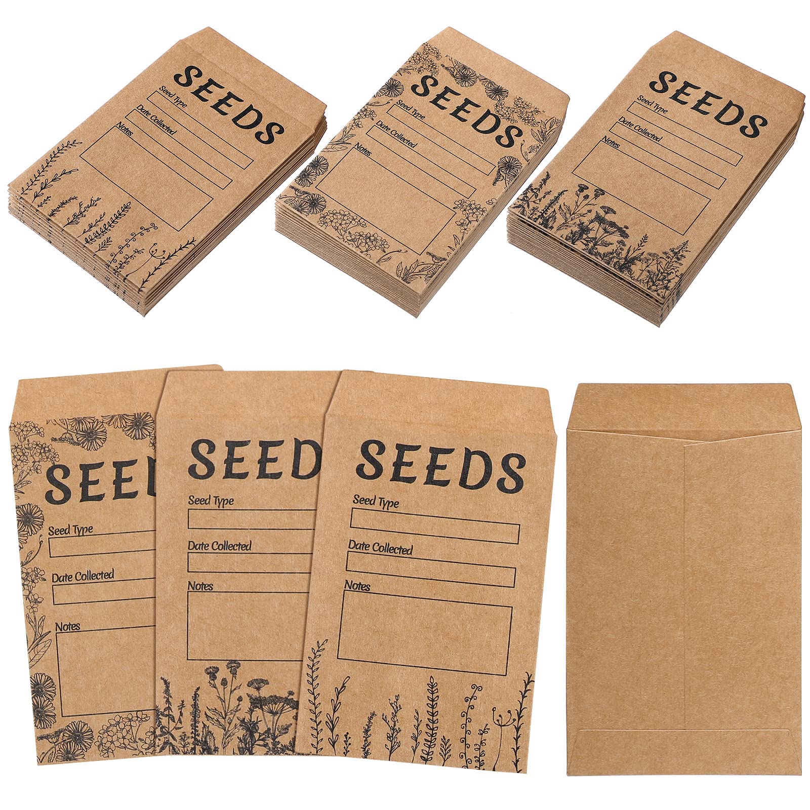 Lincia 150 Pcs Seed Saving Envelopes 3.5 x 2.4 Inch Sealing Seed Packets Self Adhesive Kraft Seed Storage Packets for Flowers Vegetable Seeds Storage Retro Wedding Favors for Guests, 3 Style