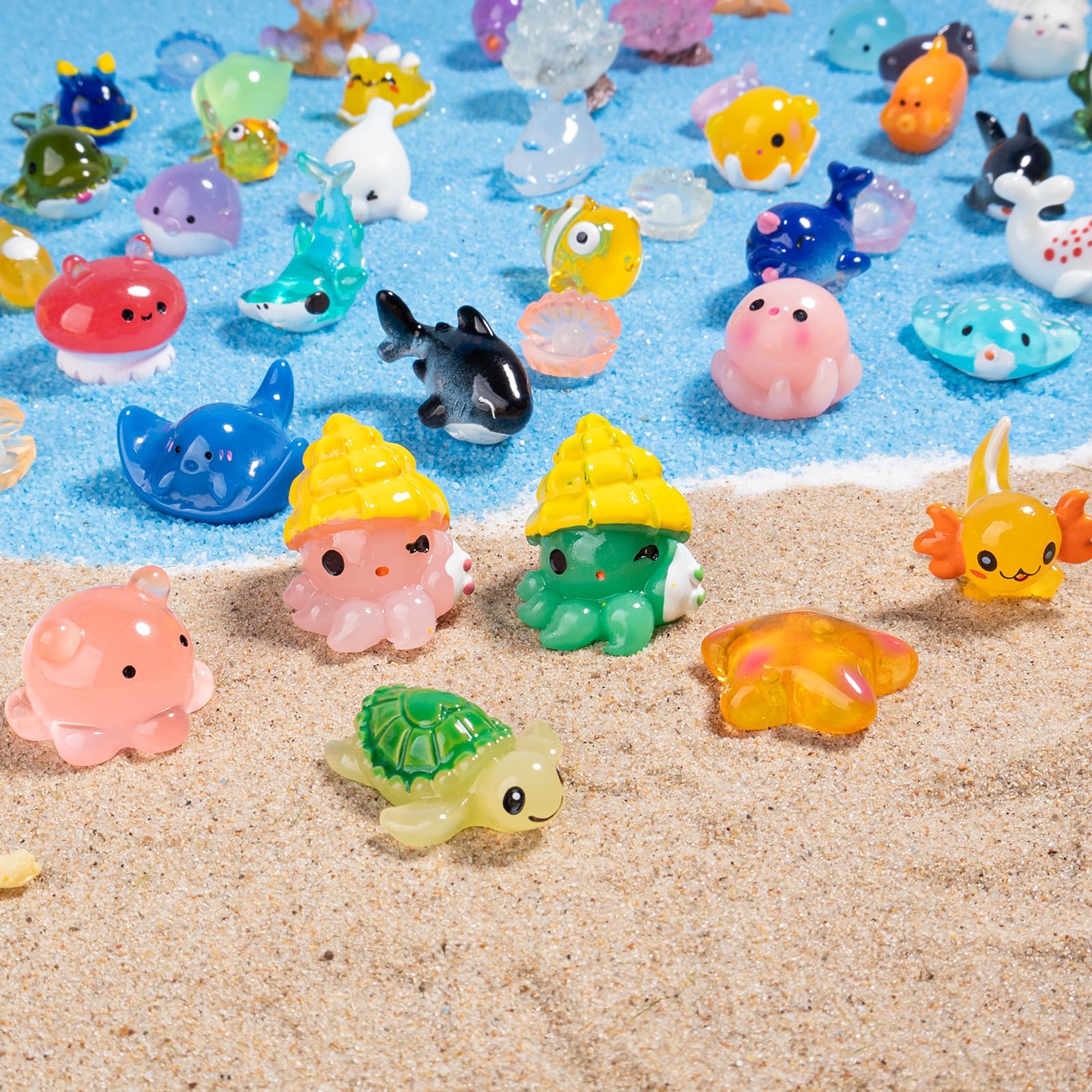 Mini Ocean Resin Animals Tiny Sea Animals Figurines Marine Miniature Plastic Animals Aquarium Ornaments Decorations for DIY Fish Tank Potted Micro Fairy Garden Dollhouse (50P-Sea)