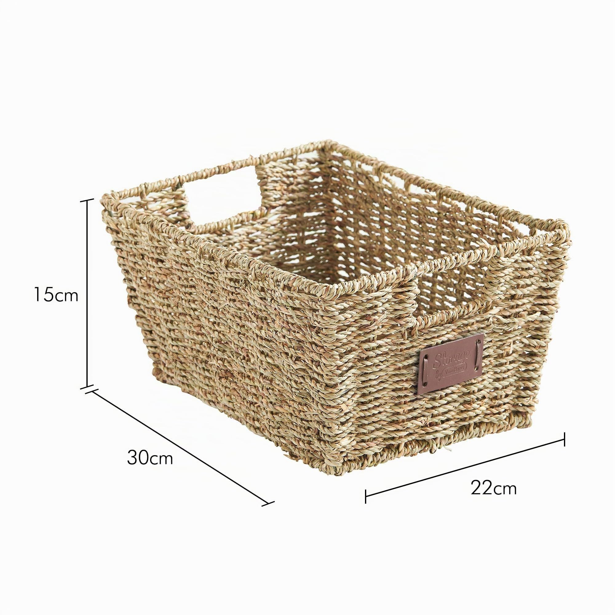 VonHaus Cestas de Almacenaje, Set de 4 Cestas de Junco Marino Natural Tejidas a Mano - Almacenaje de Baño Para Estanterías - Organizadoras con Asas para Dormitorio y Oficina