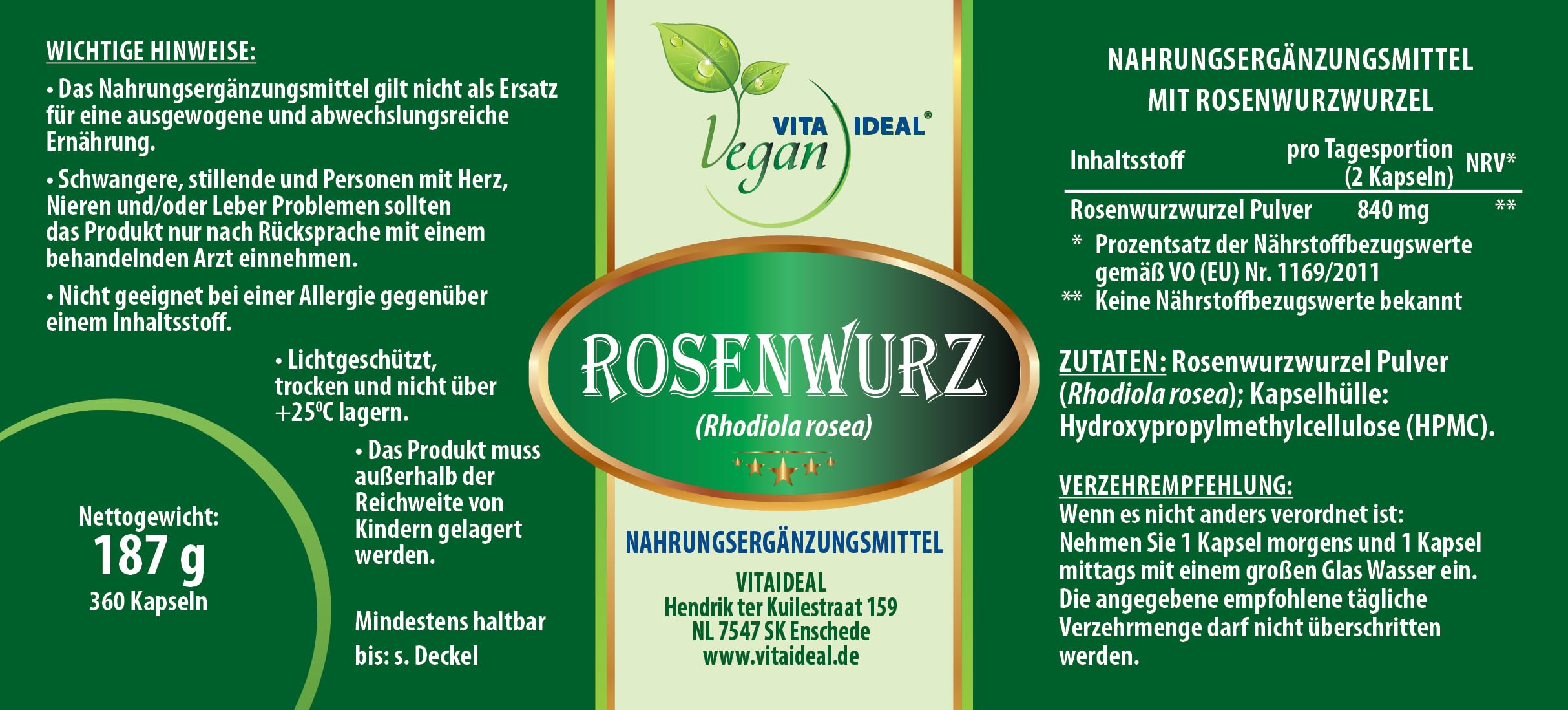 VITA IDEAL Vegan® ROSENWURZ - Wurzel 360 KAPSELN - RHODIOLA rosea - Rosen Wurz - Tagesportion 840mg ROSENWURZWURZEL, natürlich, pflanzlich & ohne Zusatzstoffe,
