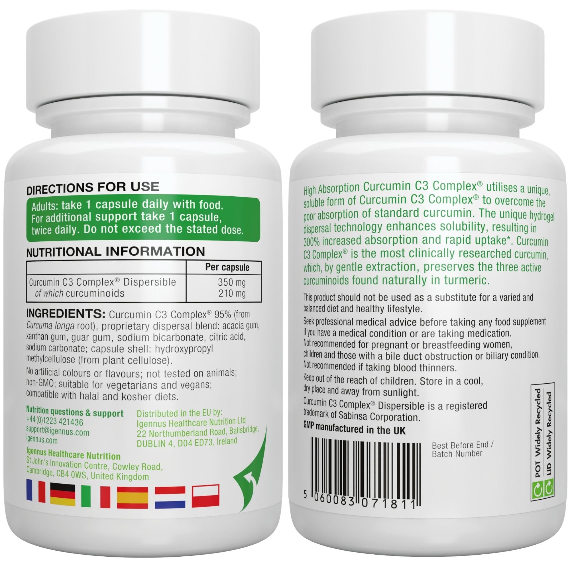 Igennus Curcumin C3 Complex Ultra Solubile, Senza Pepe Nero, Assorbimento Rapido e Superiore +300% rispetto alla Curcumina Classica, Estratto Standardizzato al 95%, 90 Capsule Vegane, 1 al giorno