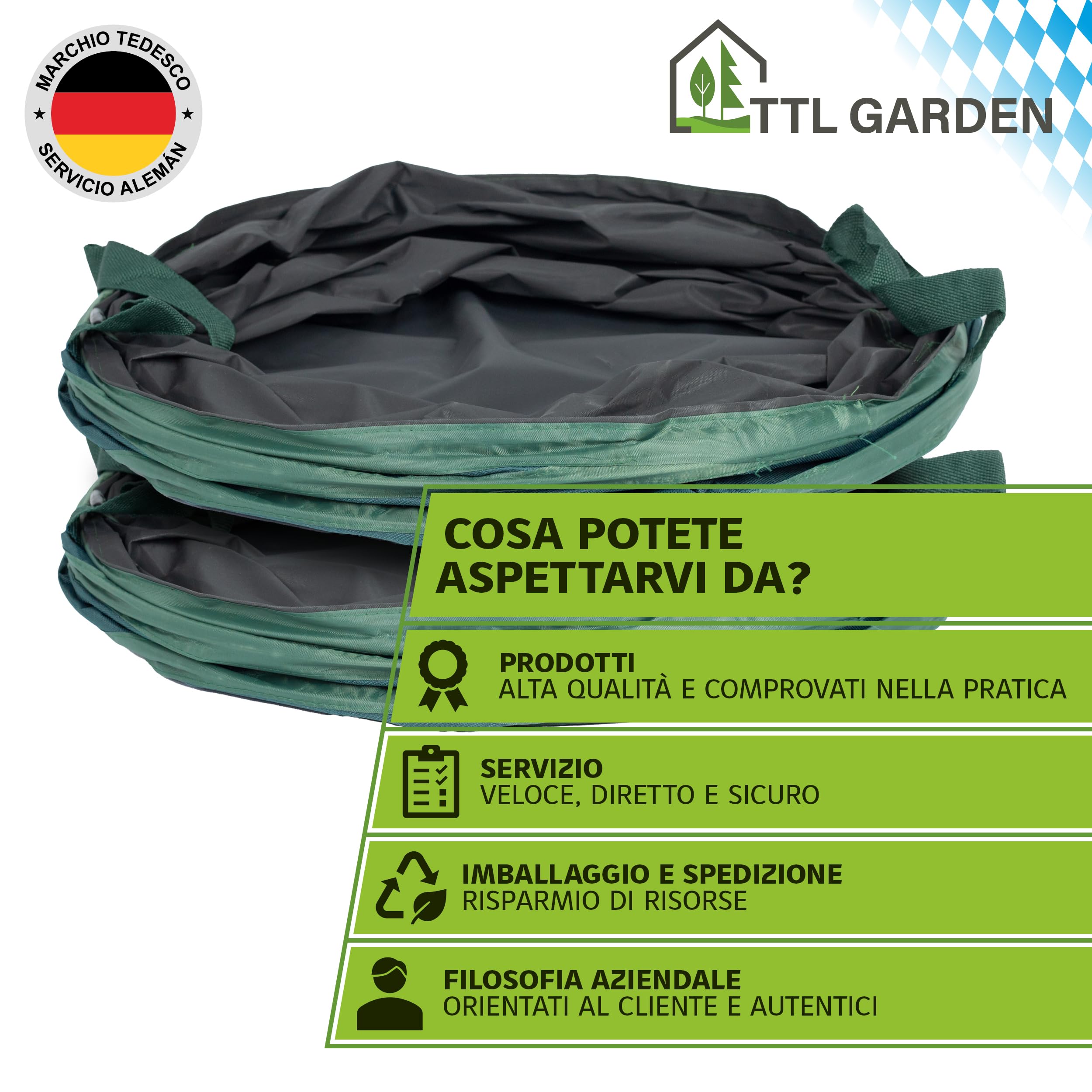 TTL GARDEN 2 sacchi per rifiuti da giardino Premium Pop Up da 270 l, 220 g/m², 600D, Oxford, set da 2 pezzi, 270 litri, pieghevoli, grandi e stabili sacchi per foglie, contenitore da giardino