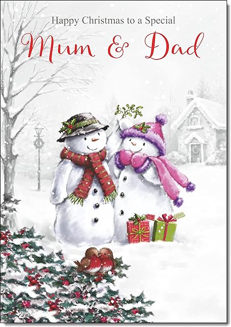 doodlecards Mum & Dad Christmas Card Two Snowmen Medium Size with Plain Red Envelope