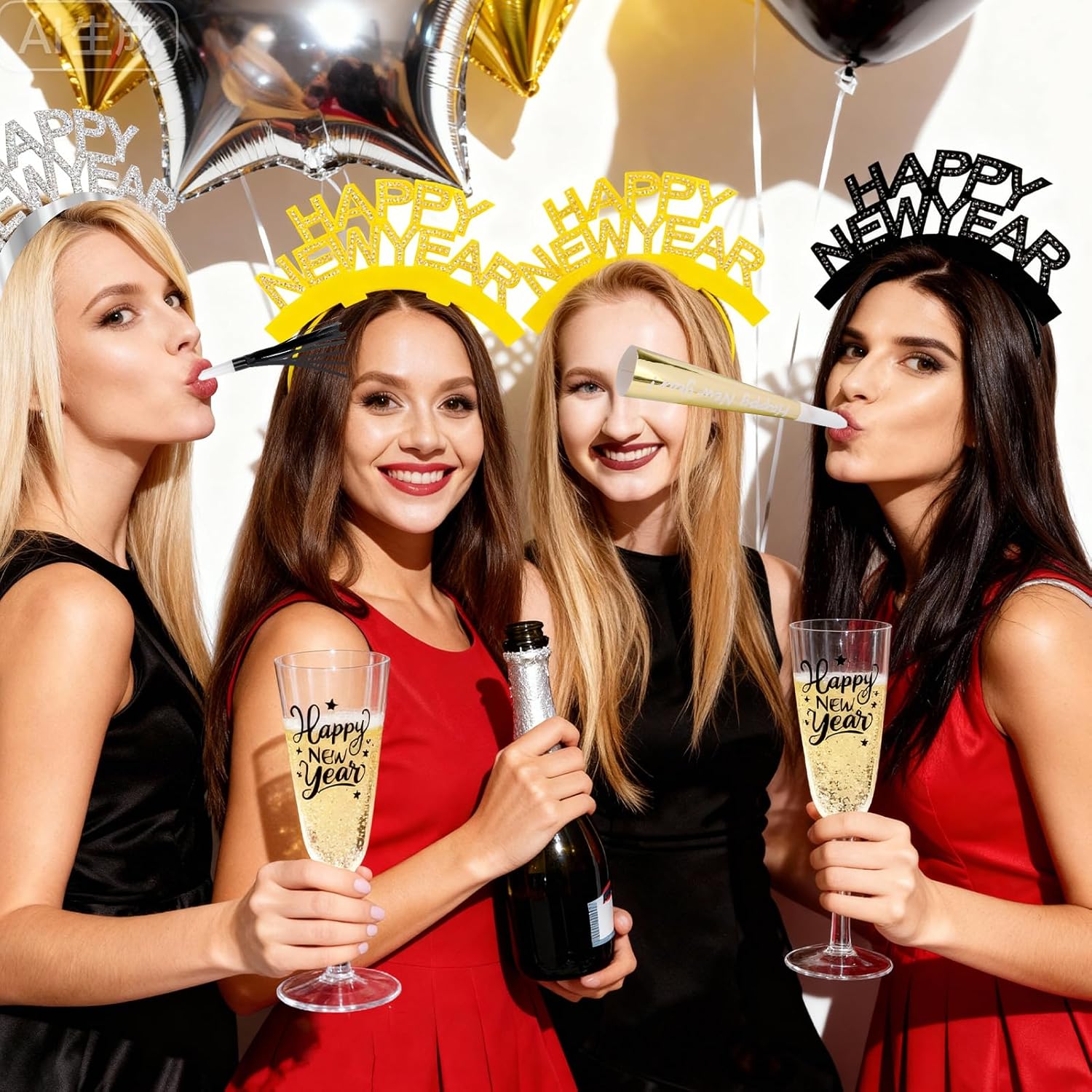 DPKOW New Years Eve Party Supplies Decorations 2026, 5 Oz Disposable Champagne Flutes HAPPY NEW YEAR Headbands NYE Noise Makers, Plastic Champagne Glasses Clear Party Cups Horns New Years Eve Headband
