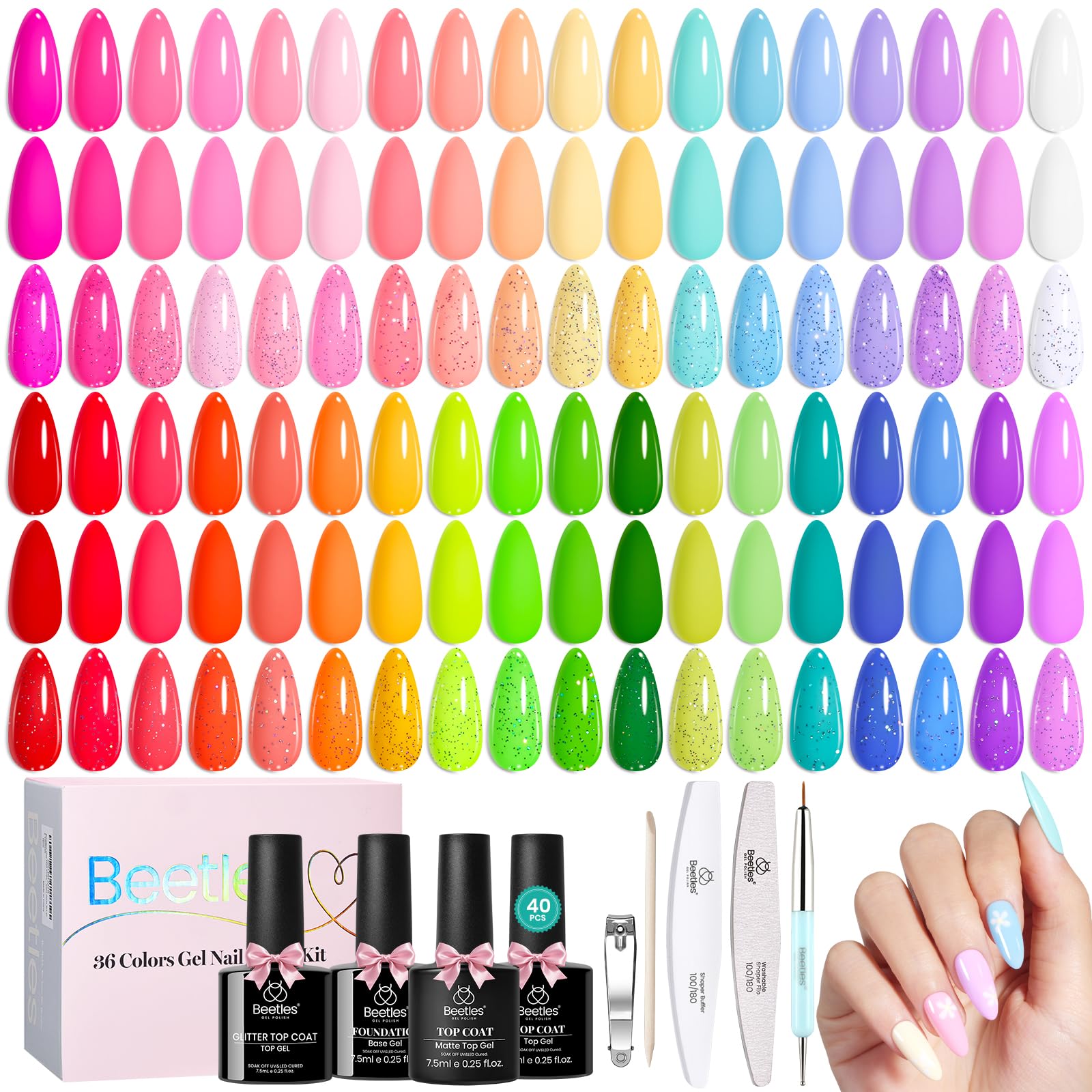 Beetles Spring Gel Polish Set - 36 Colors Neon Rainbow Bright Color Valentines Gel Polish Set with Base Coat Glossy Matte & Glitter Top Coat Pink Red Yellow Manicure Vivid Whimsy Gifts for Women