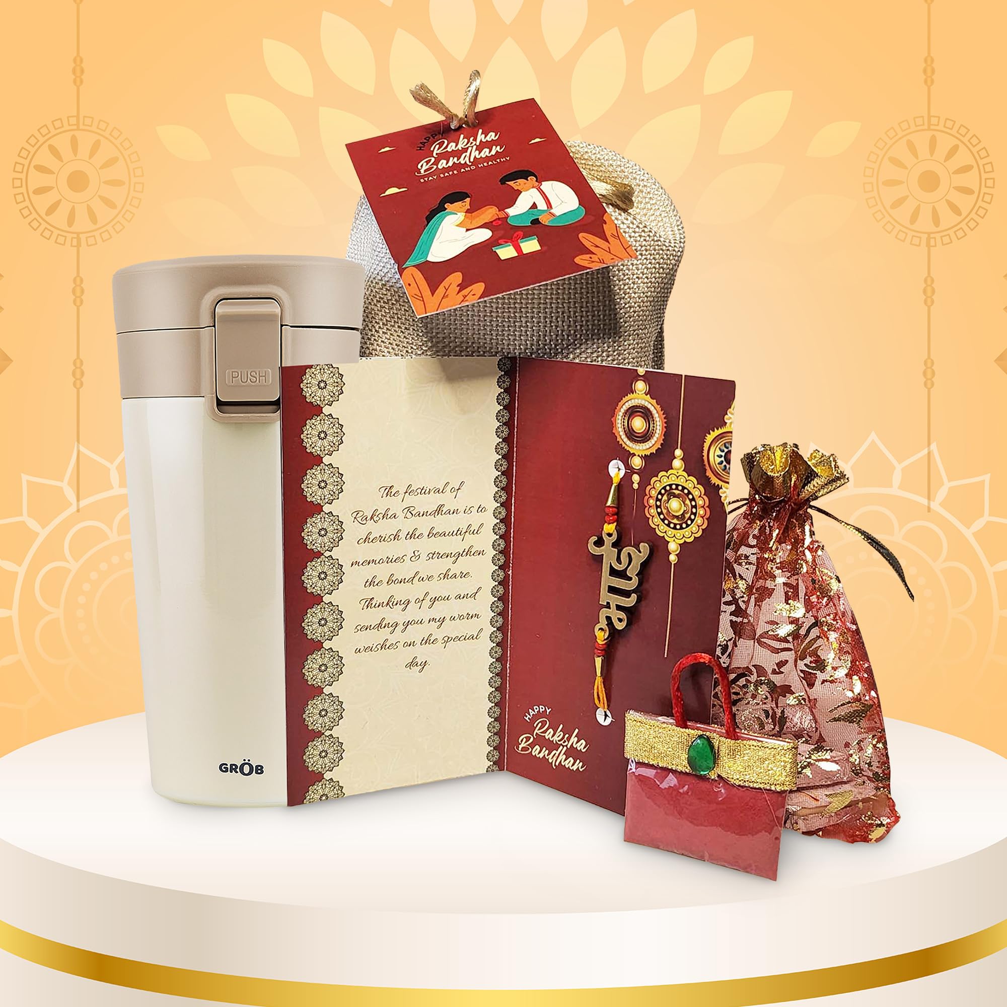 Special Rakhi Hamper for Brother in Handcrafted Jute Potli. 4 Items Gift Set - Double Walled Vacuum Insulated Mug (Ivory), Rakhi with a Special Greeting Card with Some Amazing Freebies. (B0CD4CJS2D) Amazon Price History, Amazon Price Tracker