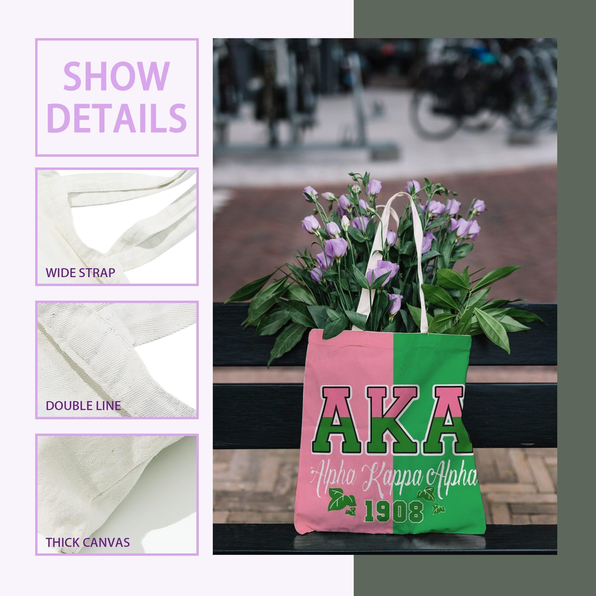ATHAND AKA Sorority Canvas Tote Bag with Zipper Inner Pocket,Reusable Shopping Beach Travel Grocery Bag for Friend,Girl