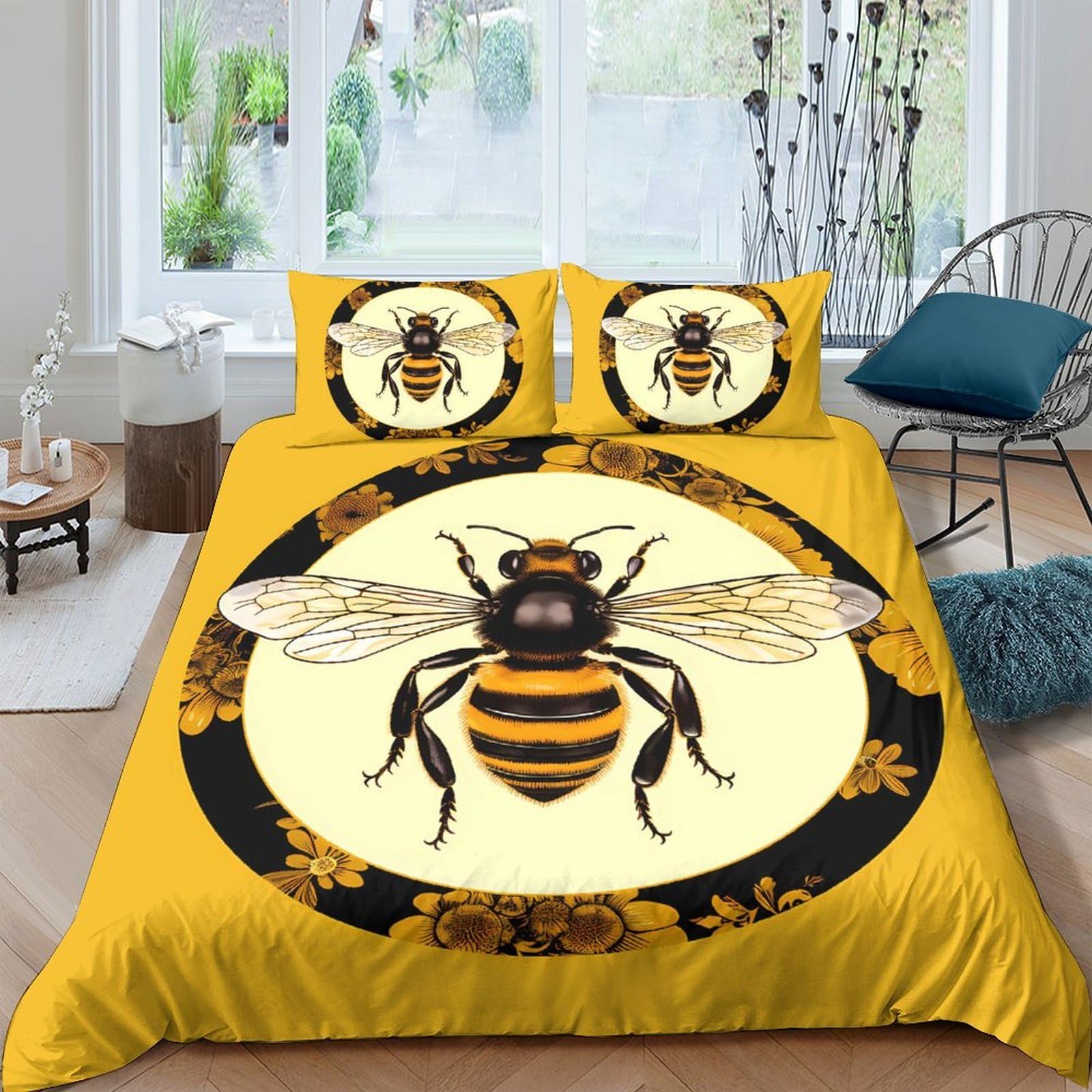 Ctjqhvkz Style-6 3D Printed Bee Floral Fitted Sheet Microfiber Soft Yellow Mattress Cover For Bedroom Guest Room Decor Protection Single（135X200cm）