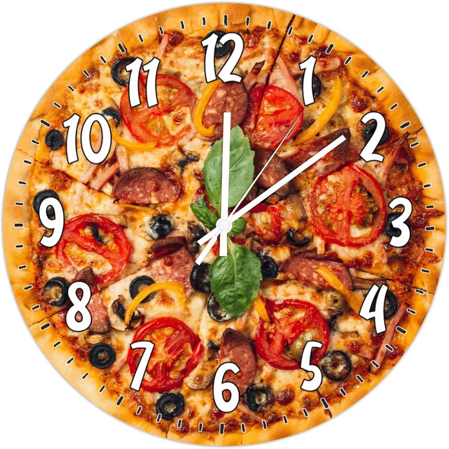 Tomatoes Salami and Olives Pizza Wooden Wall Clock 15Inch Round Clocks Food Kitchen Decor Art Clocks Quartz Battery Operated Wall Clocks Restaurant Clock Modern Decor for Kitchen Bedroom Office