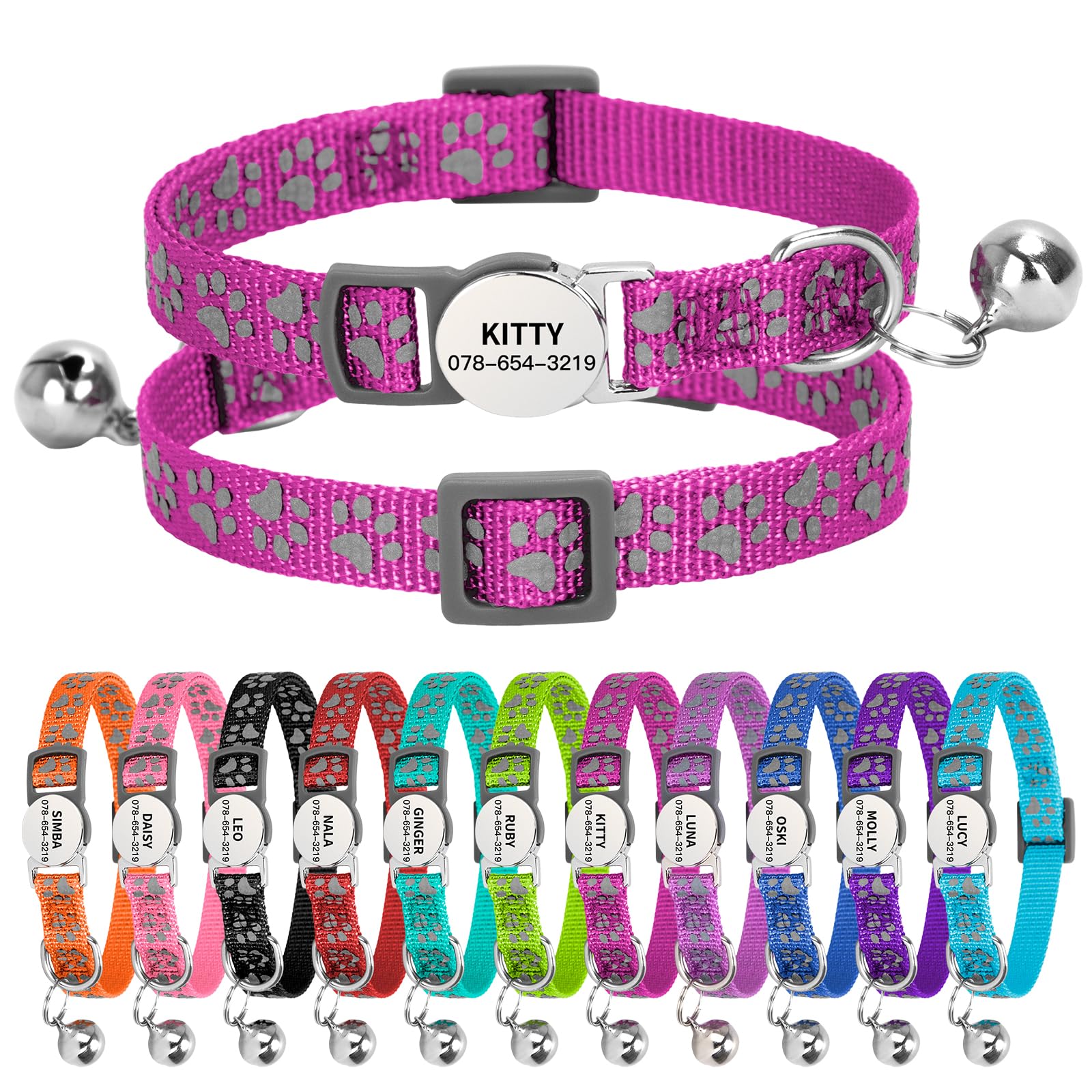 Personalised Reflective Cat Collar with Name Tag,Quick Release Kitten Collars with Bell Safety Buckle, Adjustable Nylon Cat Collar for Cats Kittens UK Prime (19–30 cm, Rose Red Paw) — image 1