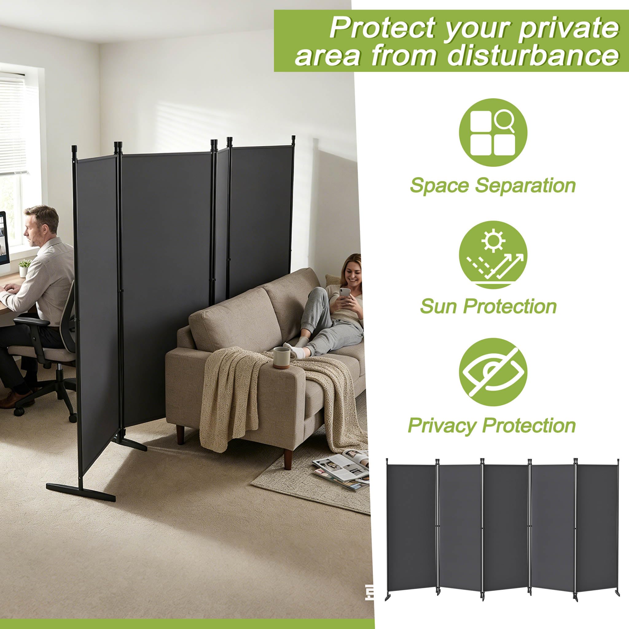 UISEBRT Separador interior de 5 piezas, 250 x 180 cm, biombo exterior resistente a la intemperie, estable con piquetas y cuerdas tensoras, separador de habitaciones, pared española, protección visual