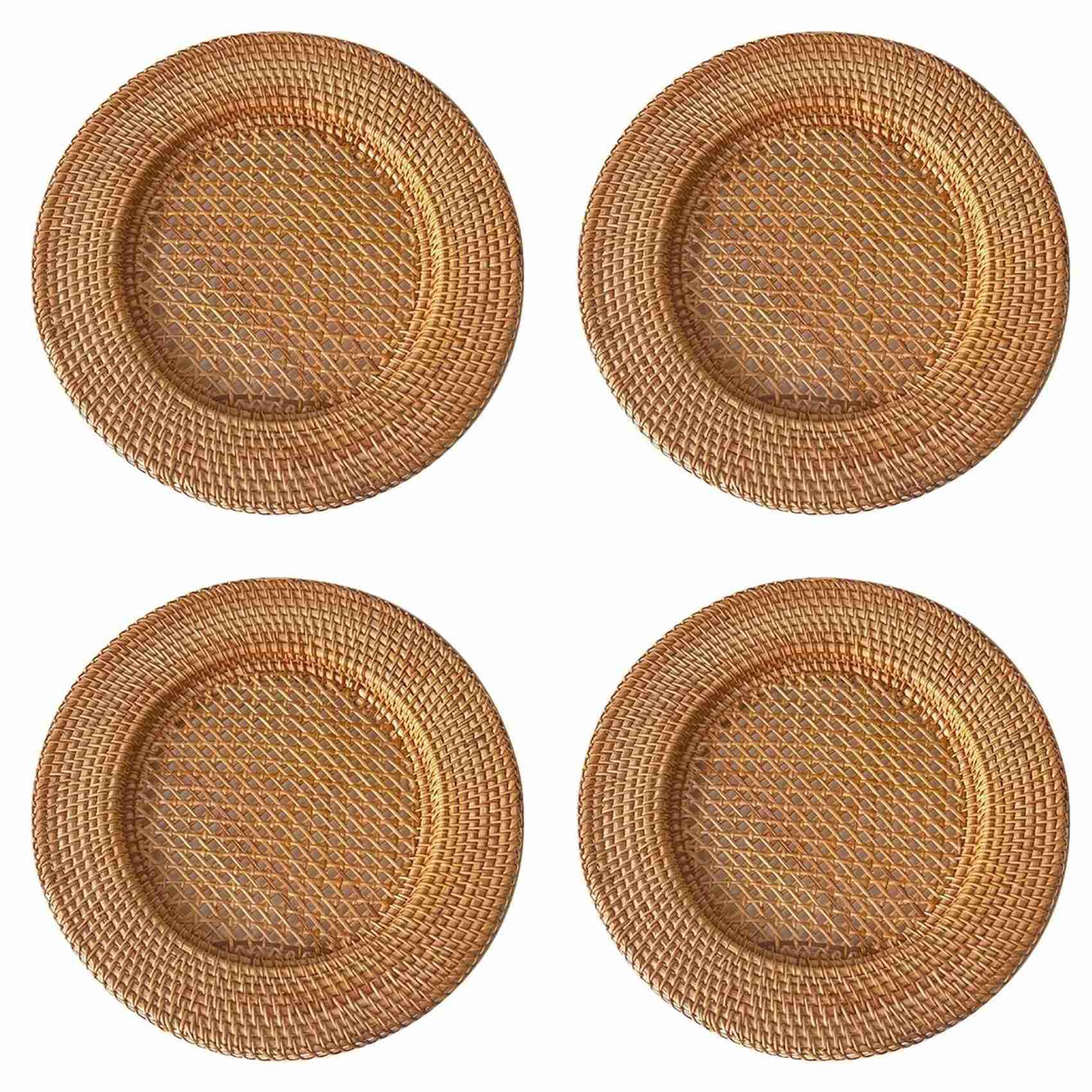 Vjsujehgy 4pcs 13 Inch Handmade Natural Rattan Plate Decorative Round Placemat Bread Snack Serving Tray Table Decor