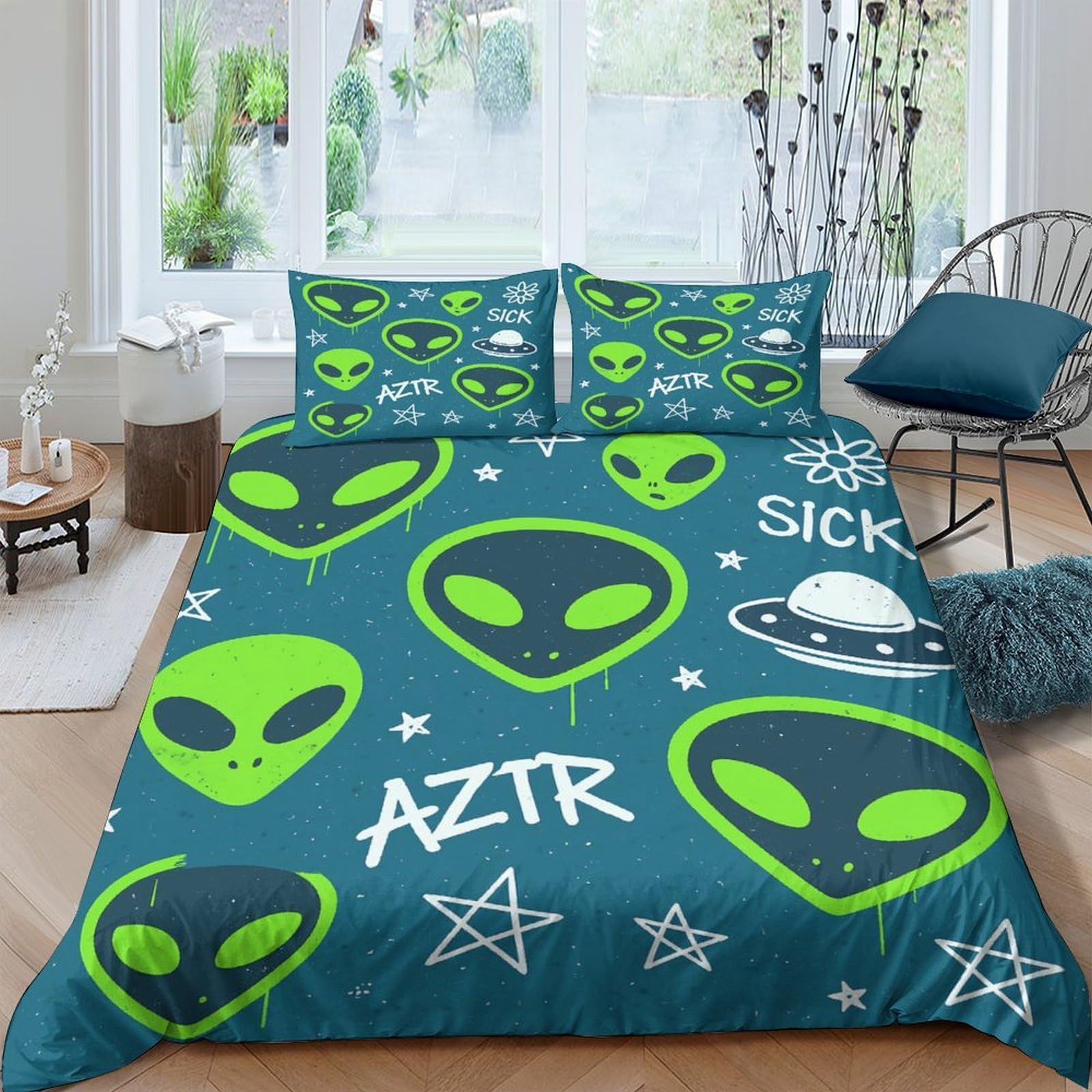 Ctjqhvkz Style-2 3D Printed Alien Face Fitted Sheet Microfiber Blue Graffiti Bed Cover For Bedroom Dorm Mattress Protection Decor Single（135X200cm）