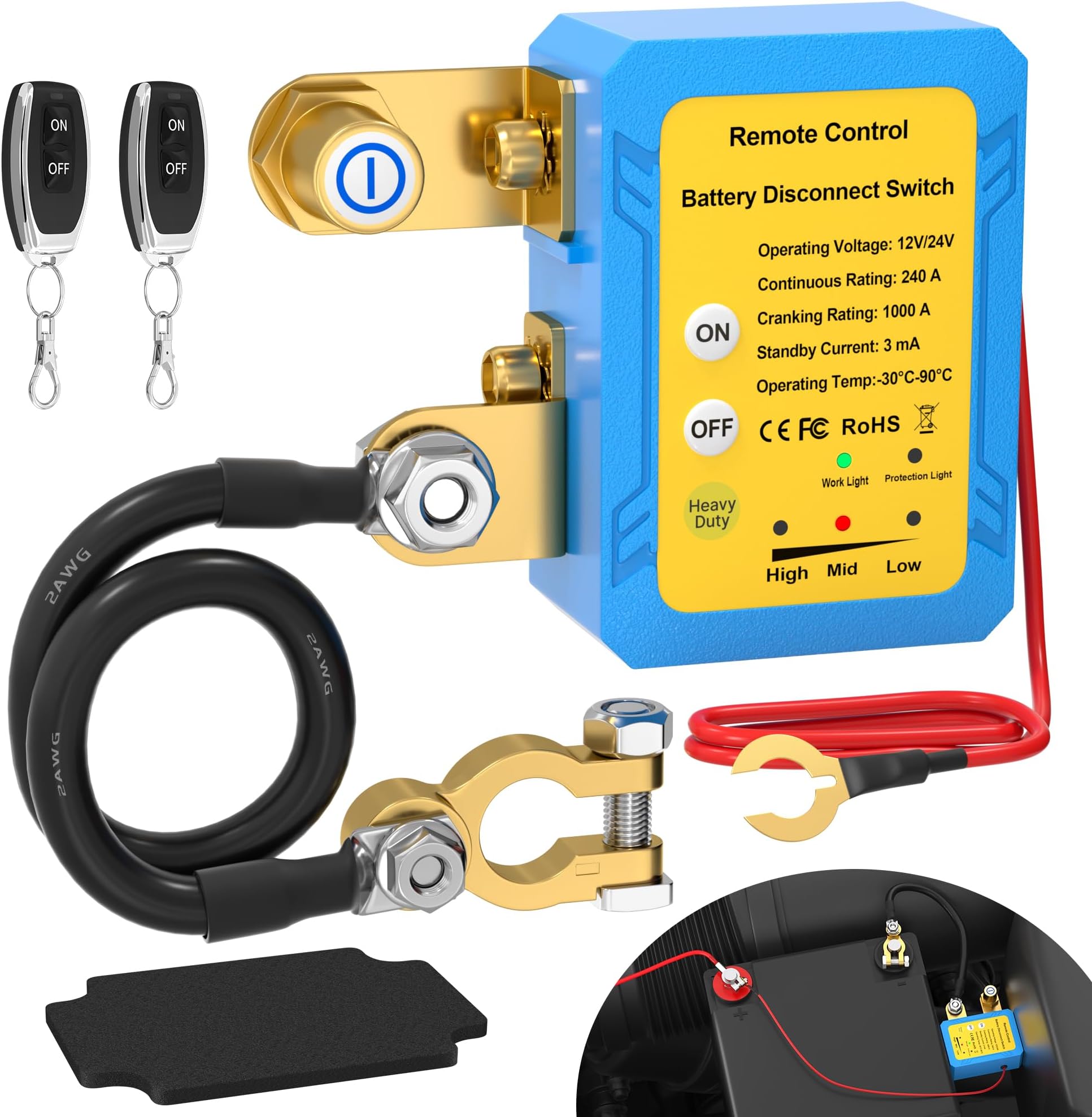 Joinfworld Kill Switch for Car 12V 240A Remote Battery Disconnect Switch Car Anti Theft Kill Switch Automatic Battery Shut Off Switch with Control Fobs and Extra Negative Battery Cable