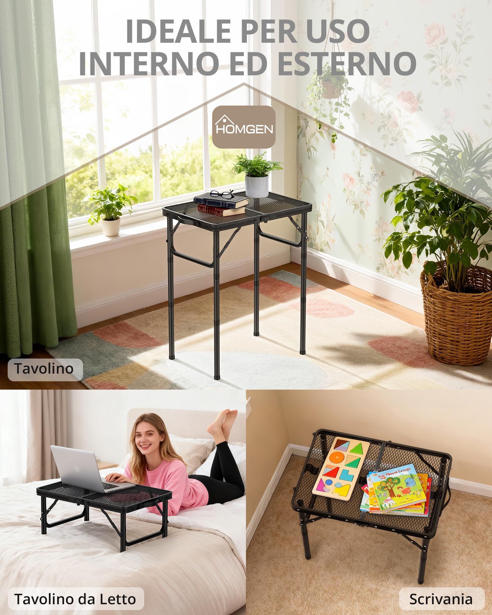 HOMGEN Tavolo da Campeggio Pieghevole con Piano Rete da 58x40cm Tavolino da Giardino in Alluminio con 3 Altezze Regolabili (25/50/70cm) Tavolo da Picnic Regolabile Piano in MDF per Barbecue, Pesca