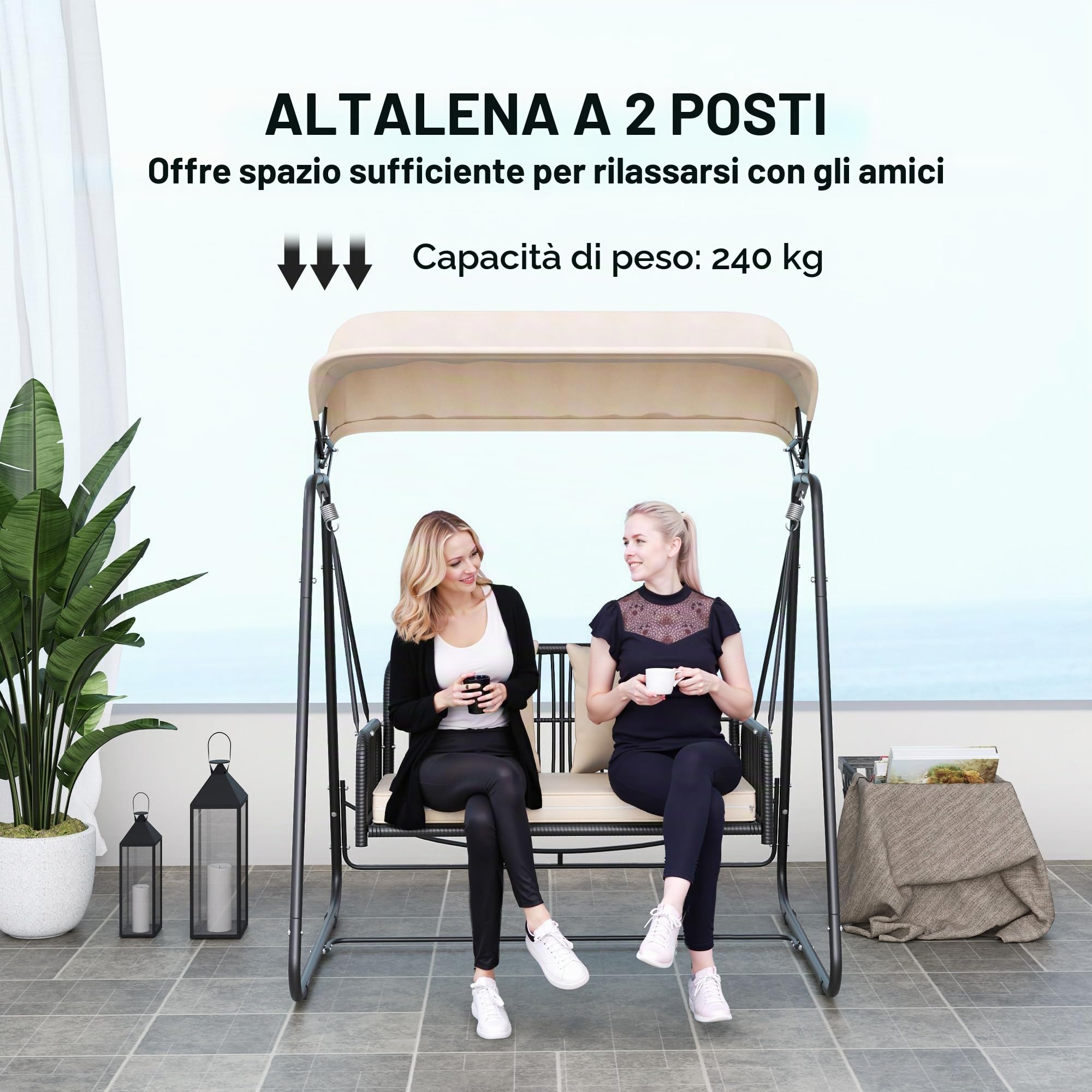 Outsunny Hollywood swing rattan 2 posti con cuscini parasole regolabili panca sospesa fino a 240 kg di portata panca sospesa per giardino balcone 149 x 121 x 180 cm kaki