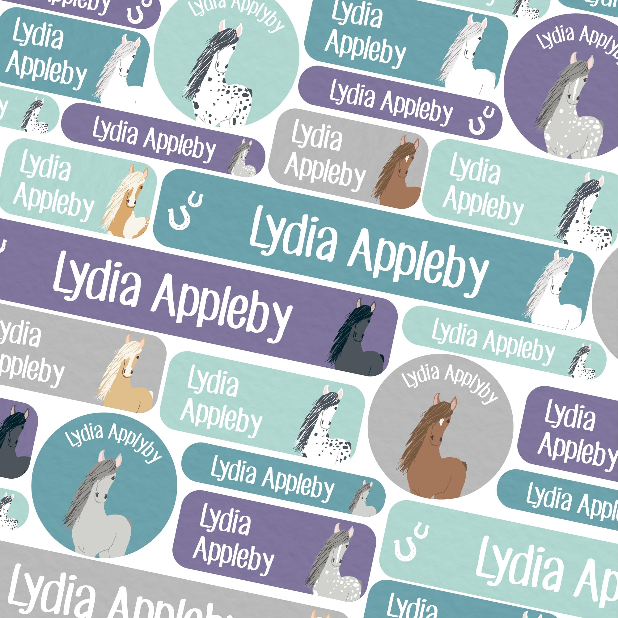 123 School Name Labels for Children No Iron Name Tags for Clothes Name Stickers for Water Bottles, Uniform, Secondary School, College, Care Homes, Washable and Dishwasher Safe (Horses)