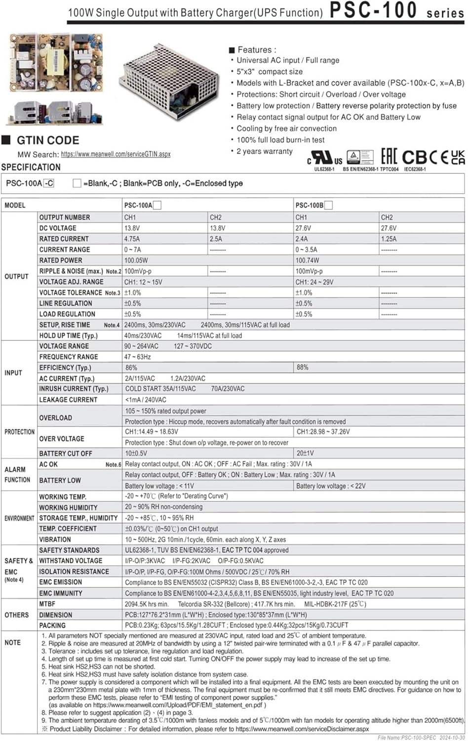 100W Single Output with Battery Charger PSC-100A PSC-100B Power Supply(PSC-100A)
