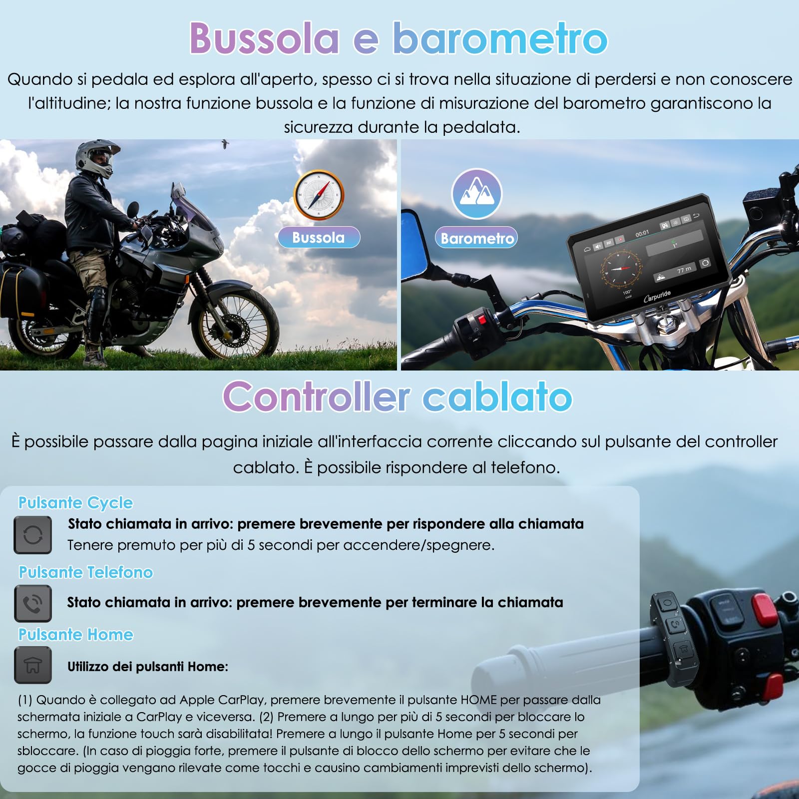 CARPURIDE W702RS Pro Moto Carplay Schermo con Radar BSD e BM05 Mount, Wireless CarPlay & Android Auto, 7 pollici Impermeabile Touchscreen, Funzione Interfono, Dual Bluetooth, Wired Controller, Navi.